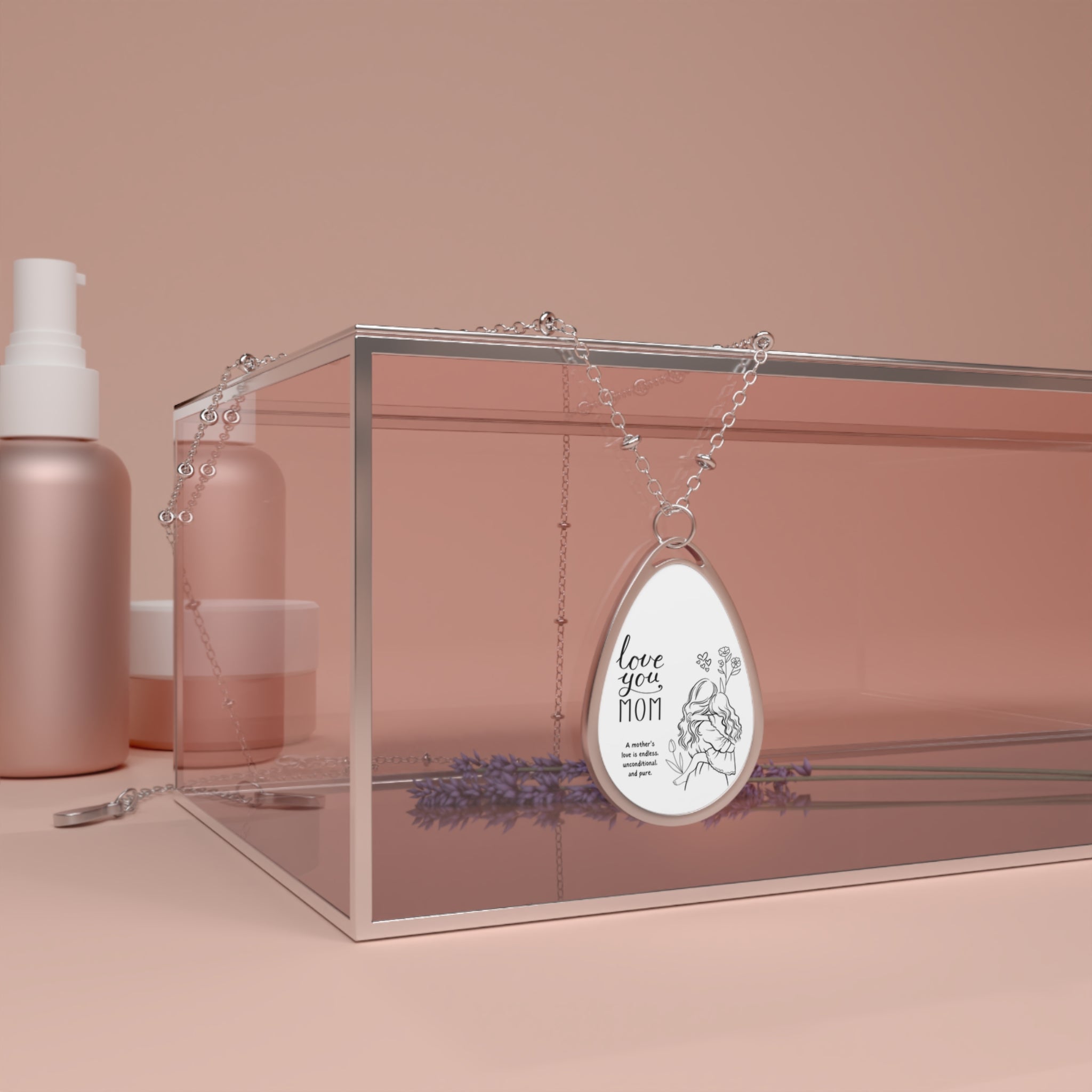 Love You Mom Oval Necklace — Engraved Teardrop Pendant for Mother’s Day