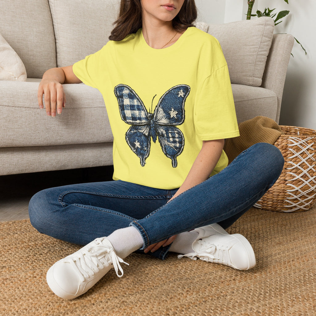 Butterfly Tee — Blue Plaid & Stars Graphic T-Shirt