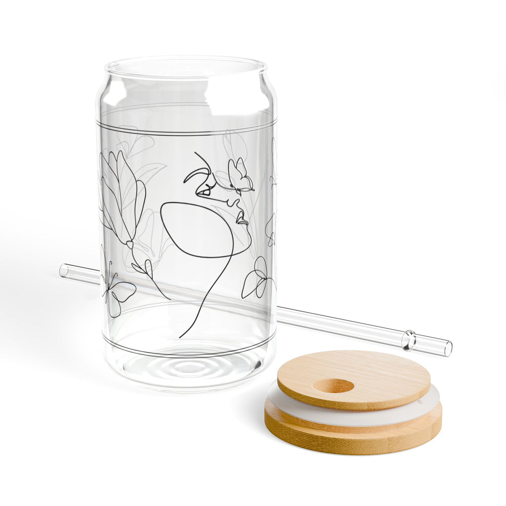 Floral Outline Sipper Glass - 16oz Bamboo Lid & Straw