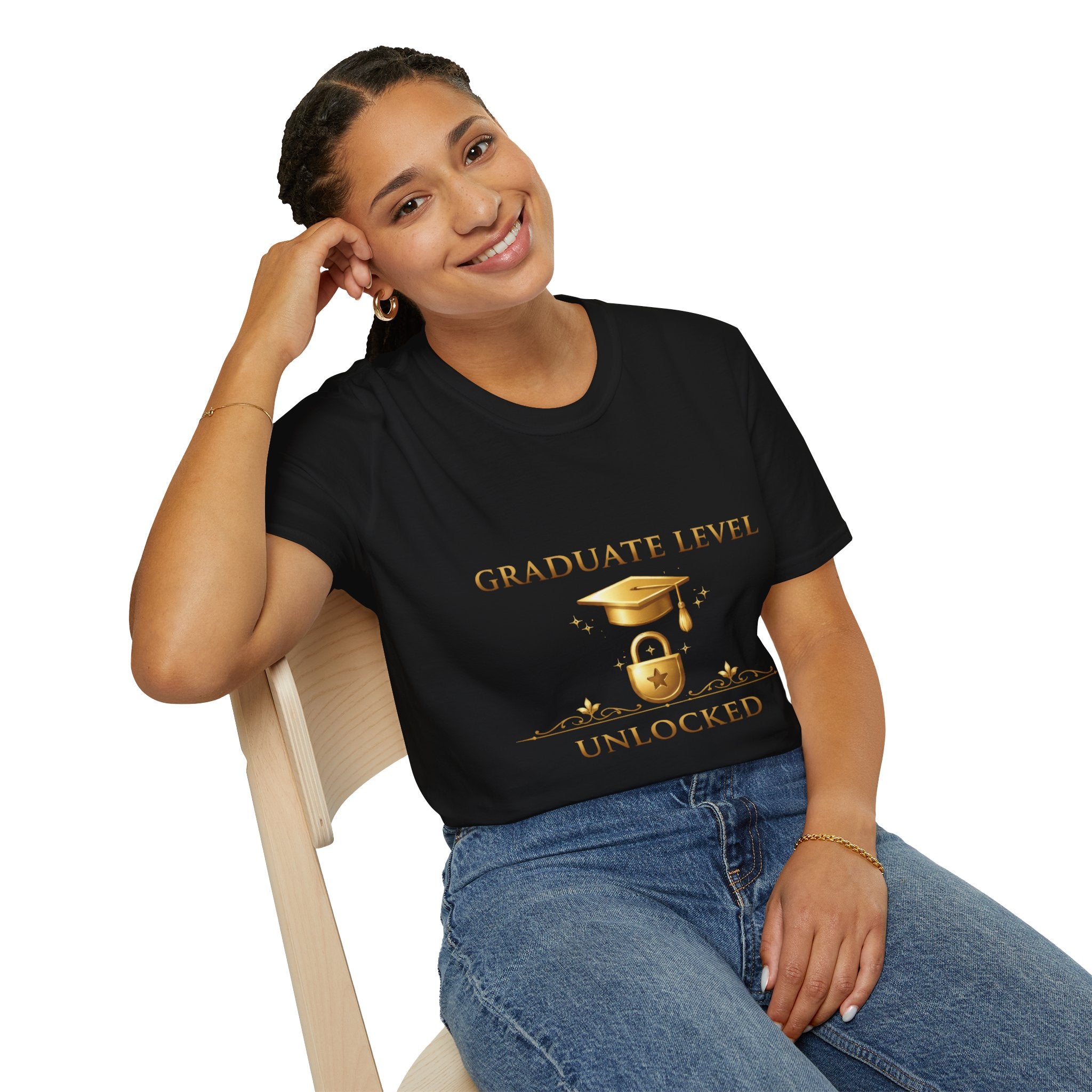 Graduate Level Unlocked T-Shirt — Graduation Cap & Lock Celebration Tee