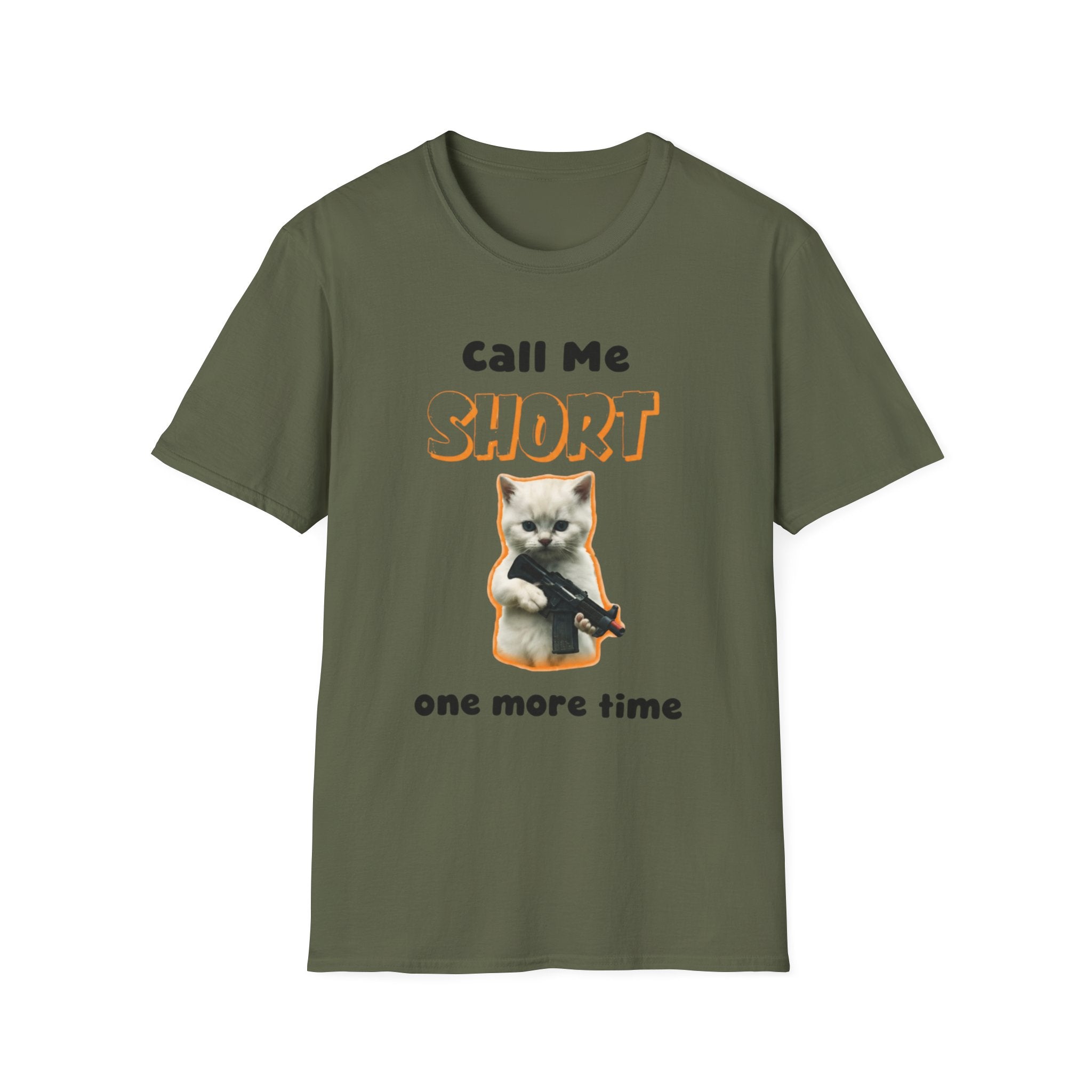 Call Me Short Cat unisex T-Shirt — Funny Retro Kitten Tee ("Call Me Short One More Time")