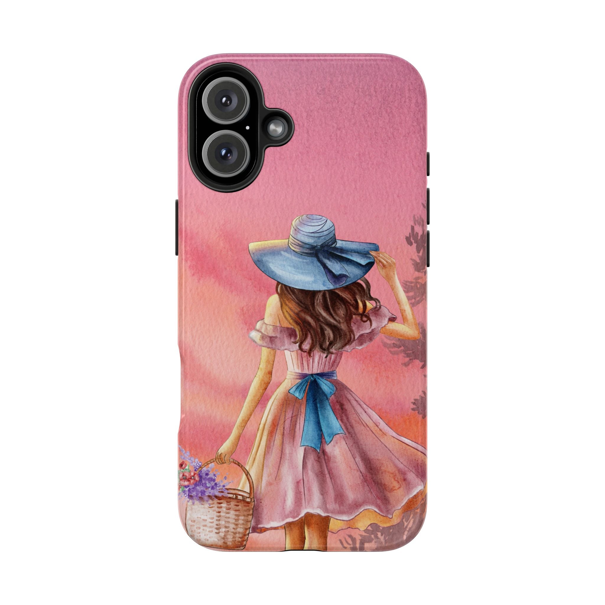 Pastel Picnic Girl Phone Case — Protective Tough Phone Case with Watercolor Sunset Design
