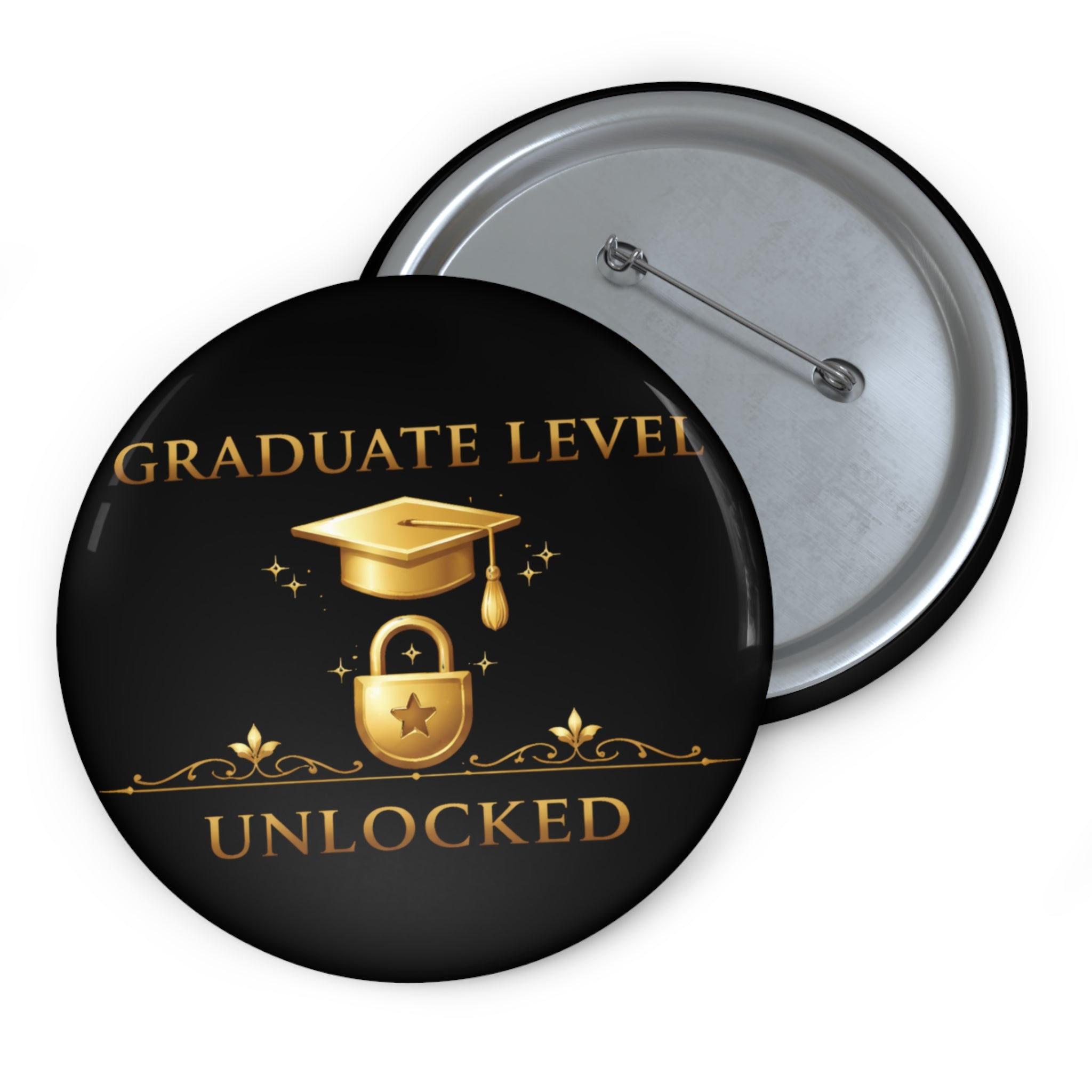 Graduate Level Unlocked Pin Button — Gold Graduation Cap Lock Lapel Pin