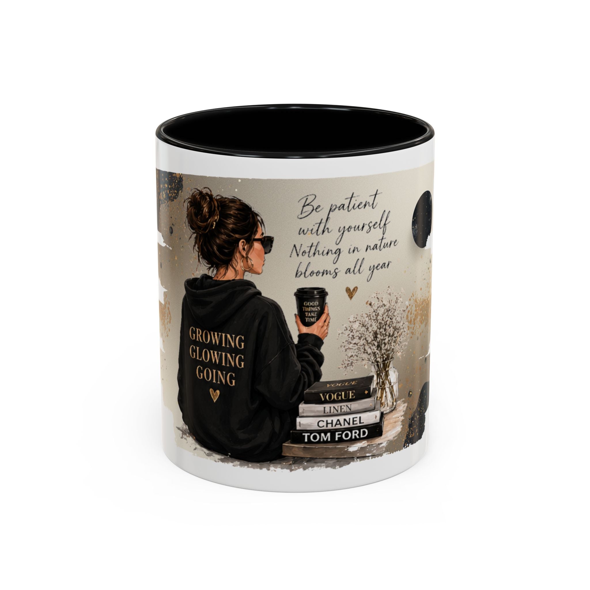 Inspirational Coffee Mug — "Be patient with yourself" Cozy Woman Design (11oz)