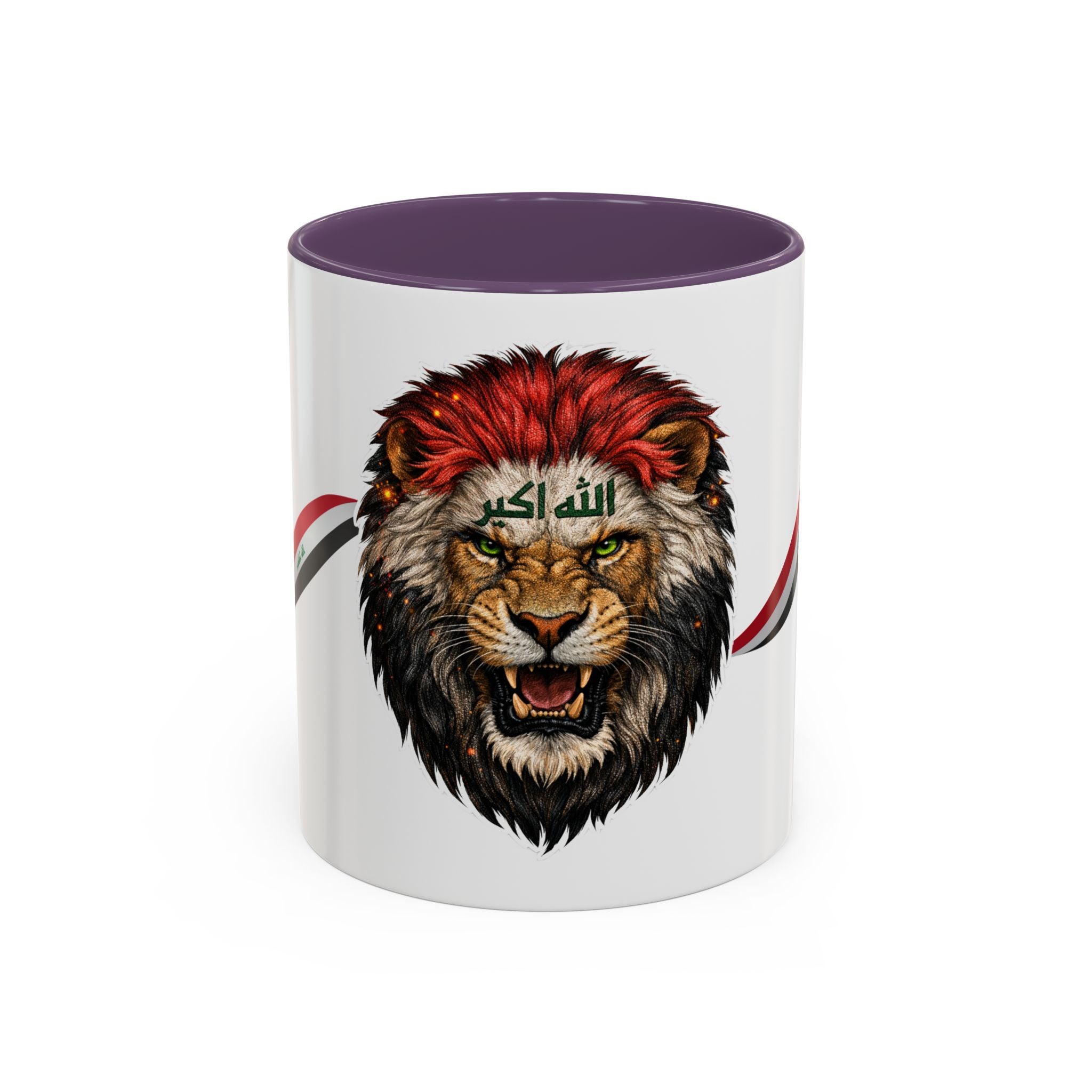 Iraq Lion Head Accent Coffee Mug with Arabic Script and Flag Ribbon – Patriotic Iraq Gift (11/15oz)