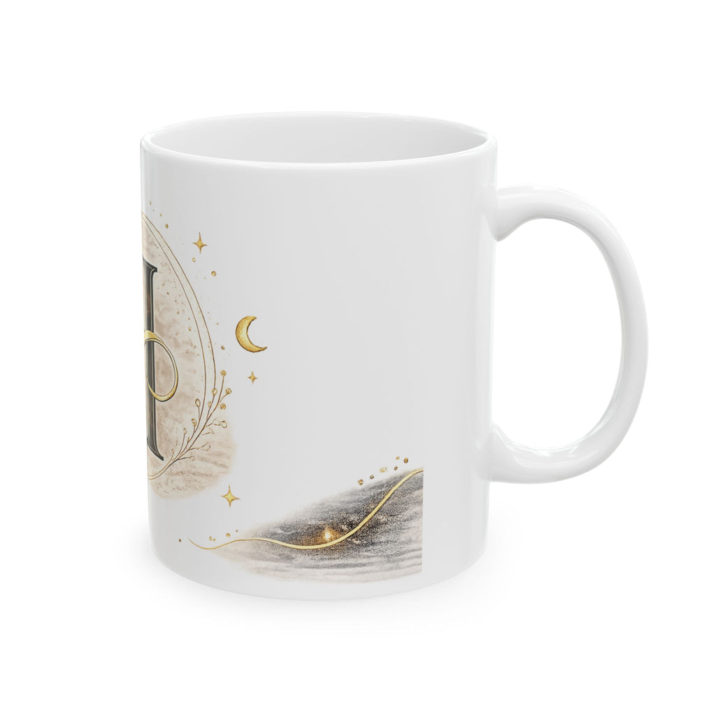 Monogram H Initial Ceramic Mug — Elegant Gold Botanical Letter Coffee Cup