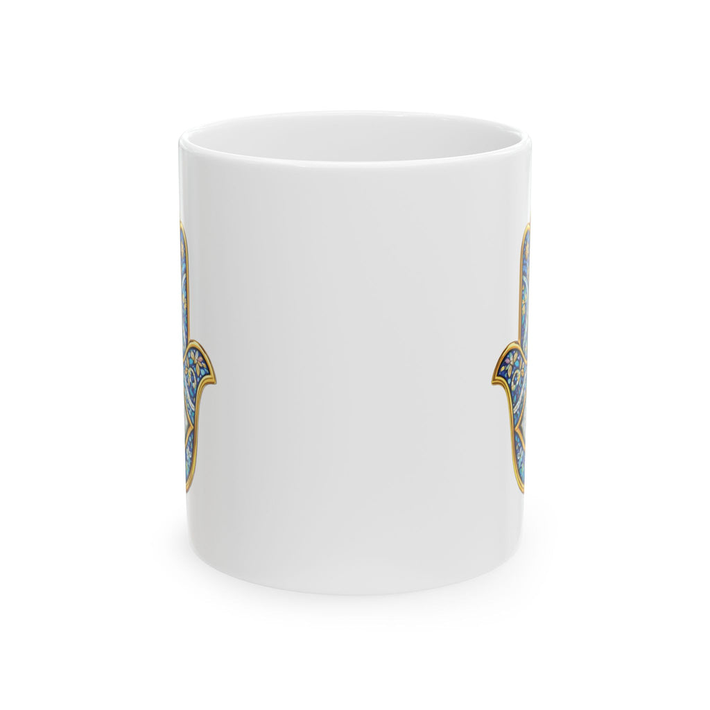 Hamsa Art Ceramic Mug — Blue Gold Protective Hand Design (11oz, 15oz)