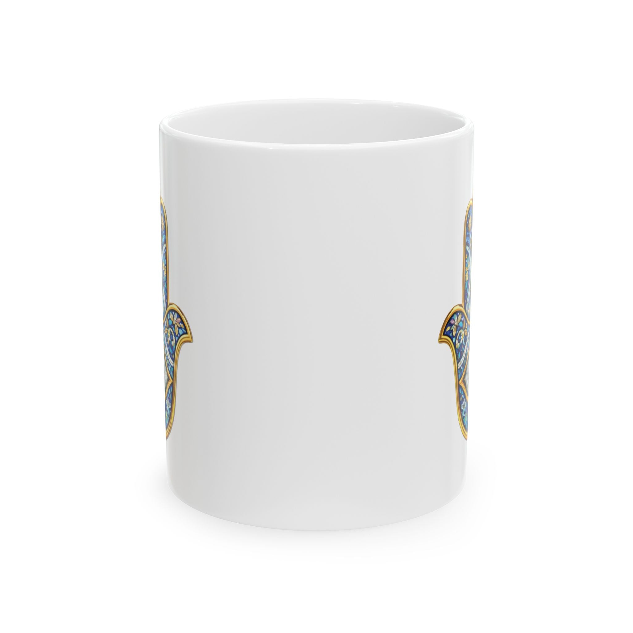 Hamsa Art Ceramic Mug — Blue Gold Protective Hand Design (11oz, 15oz)