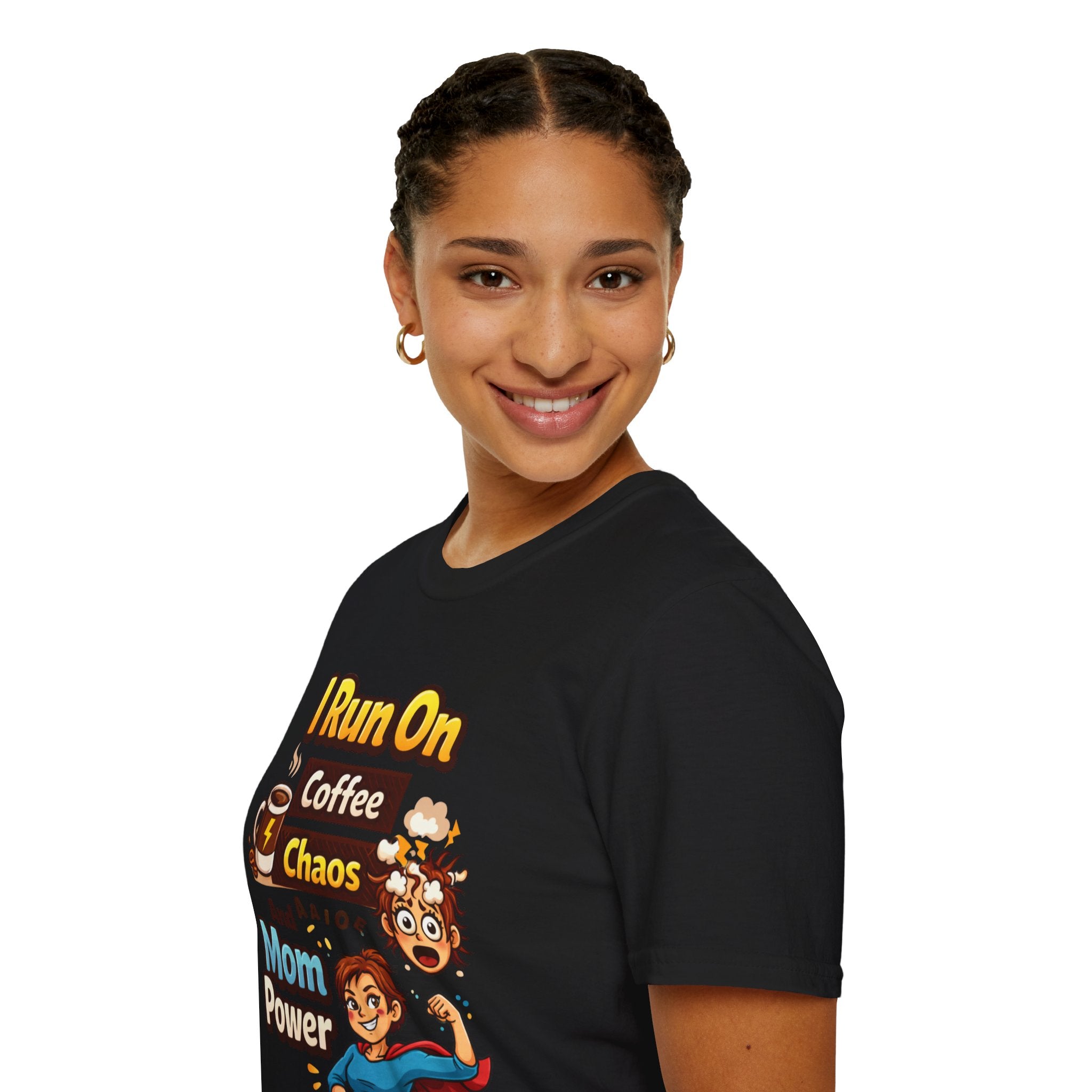 Mom Power T-Shirt — "I Run On Coffee, Chaos and Mom Power" Graphic Tee