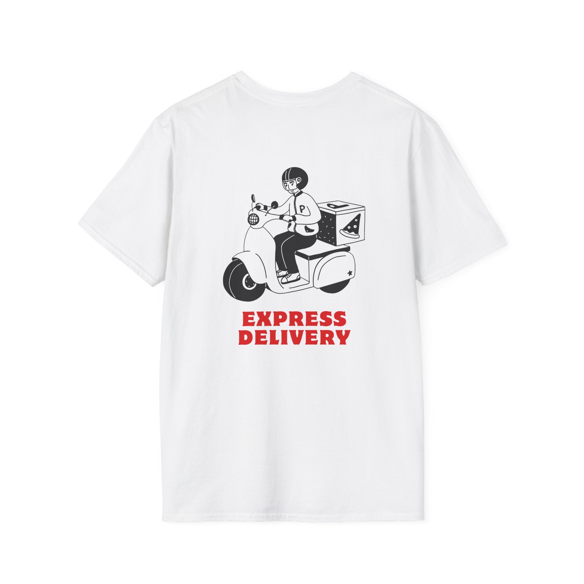 Express Delivery Scooter T‑Shirt — Retro Pizza/Delivery Rider Graphic Tee