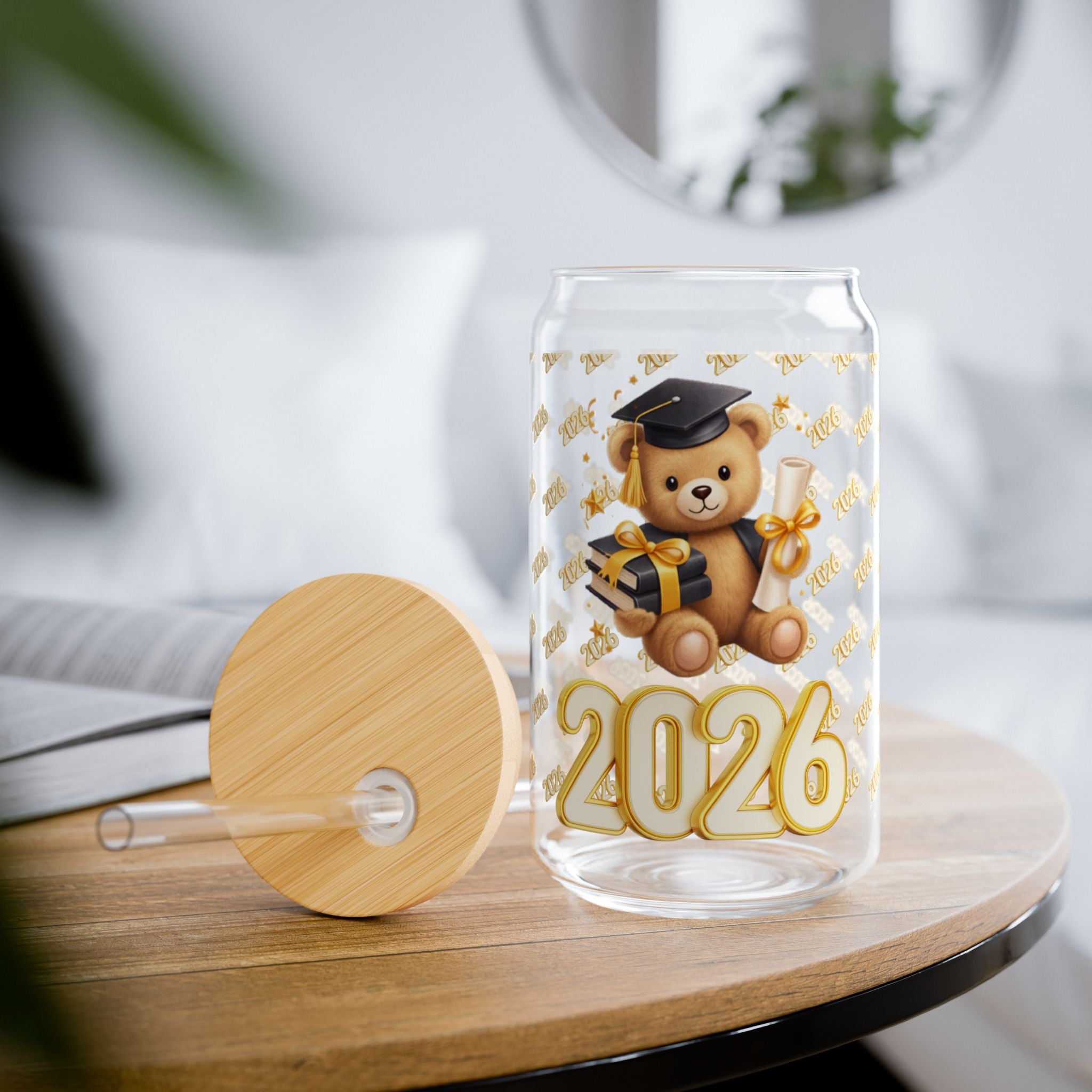 2026 Graduation Bear Sipper Glass – 16oz Cute Grad Keepsake Tumbler