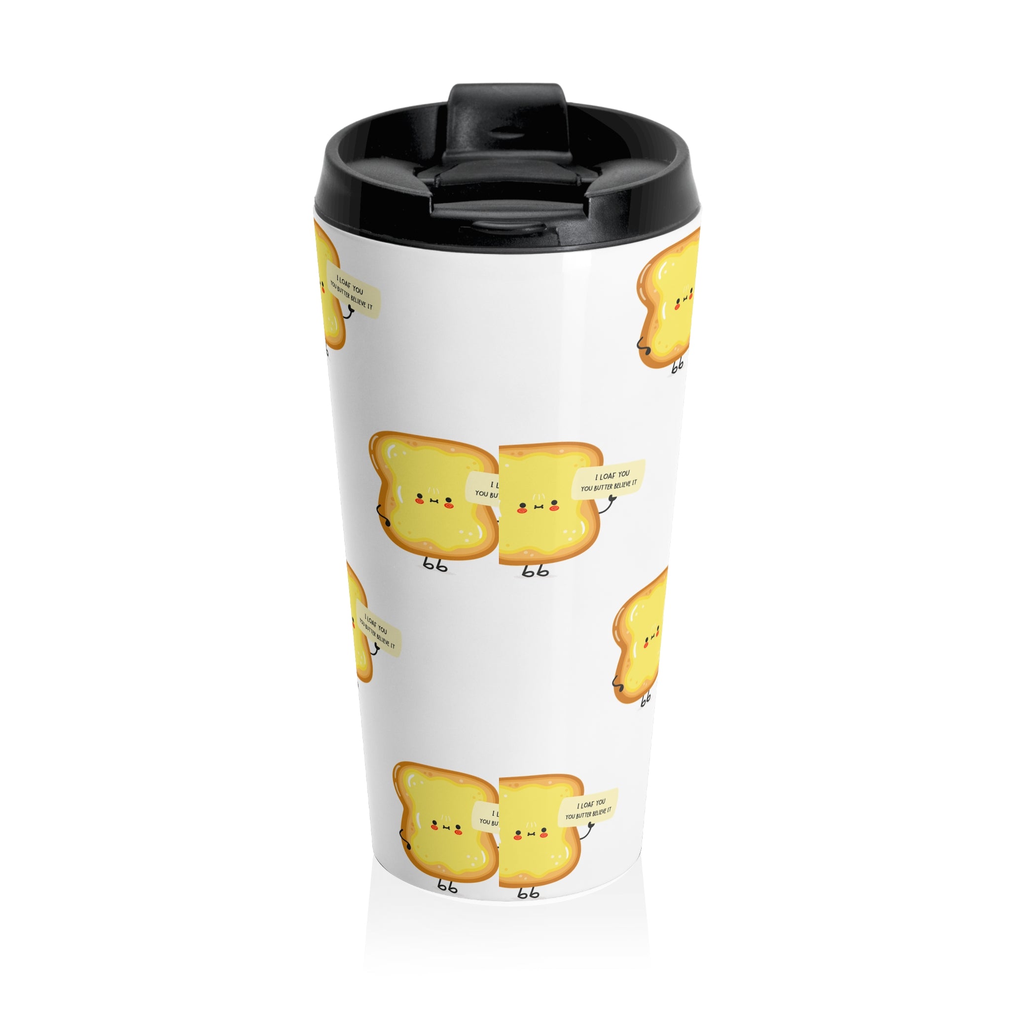 Cute Toast Stainless Steel Travel Mug — Kawaii Bread Pattern, "I Love You A Lottle" Coffee Tumbler