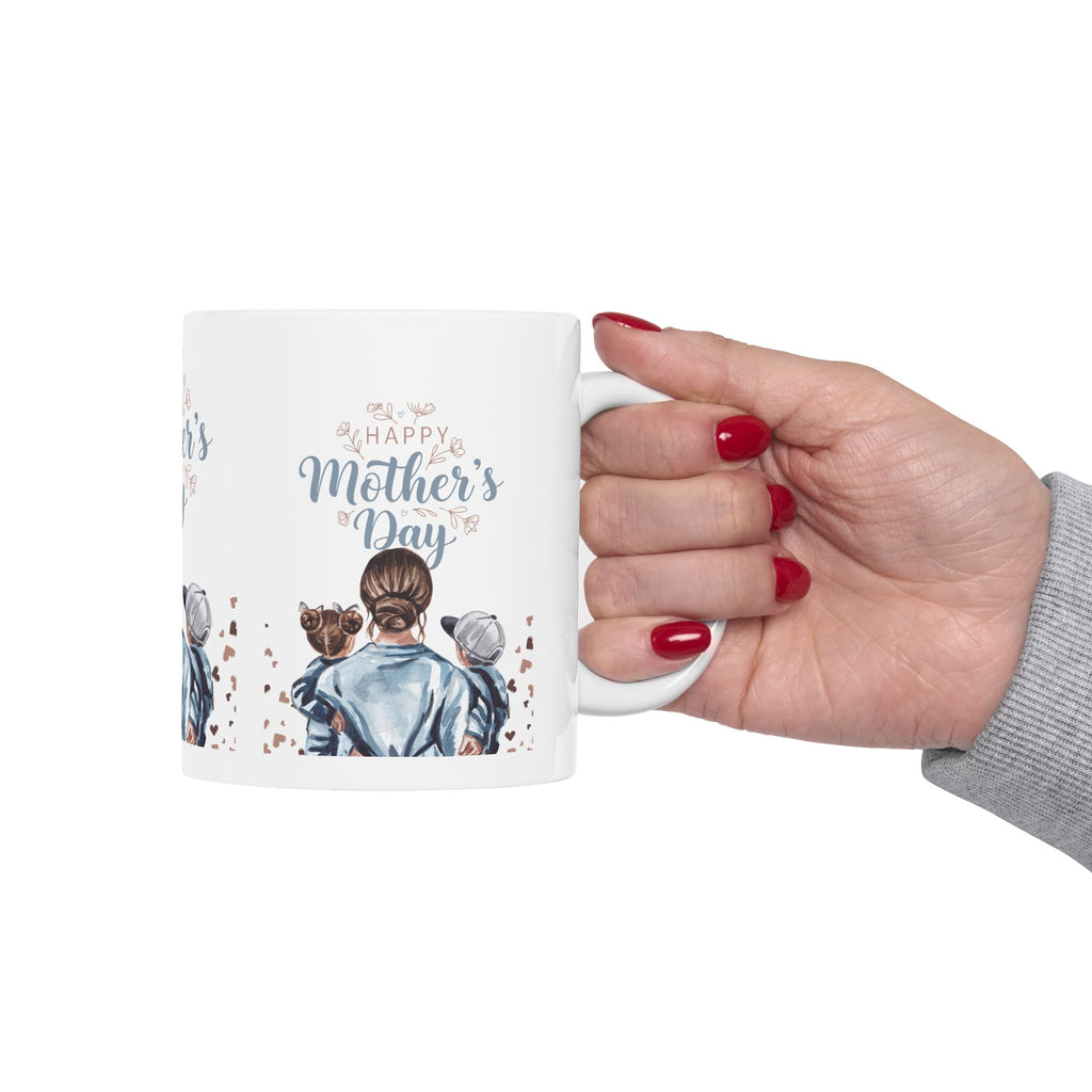 Mother’s Day Ceramic Mug – “Happy Mother’s Day” Mom with Kids Illustration (11oz, 15oz)
