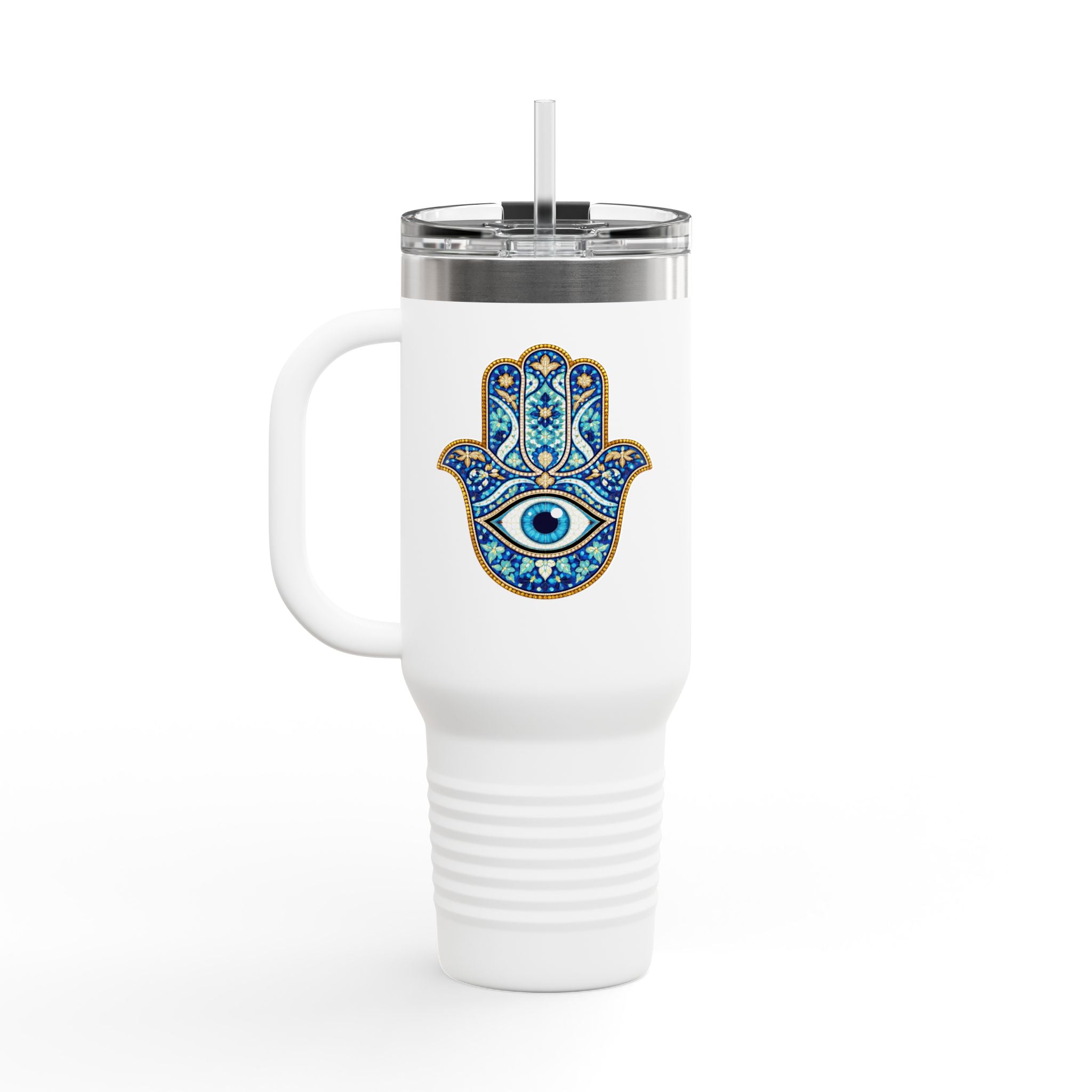 Hamsa Hand 40oz Insulated Travel Mug — Blue Evil Eye Tumbler