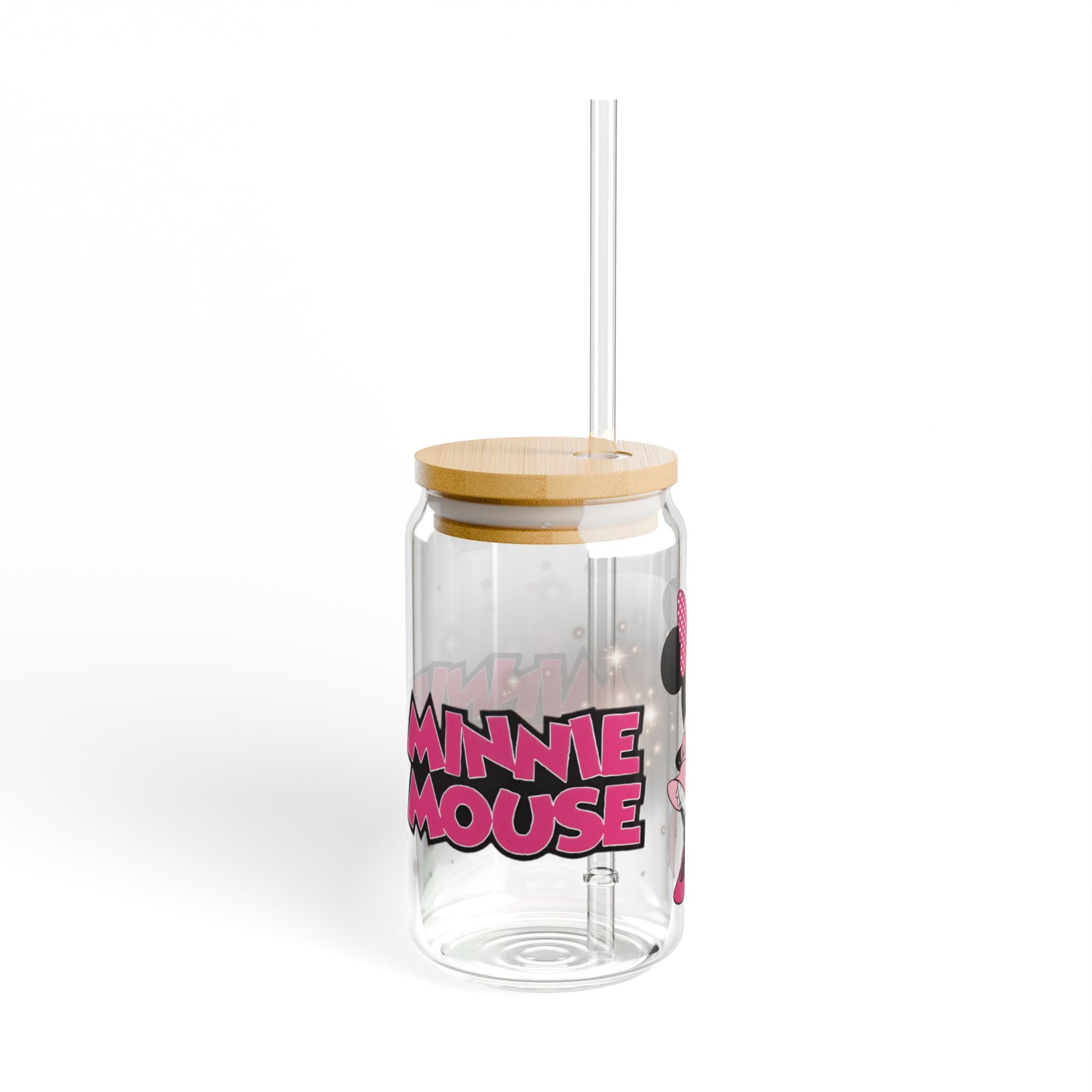 Minnie Mouse 16oz Sipper Glass with Bamboo Lid & Straw - Disney Pink Cartoon Drink Tumbler