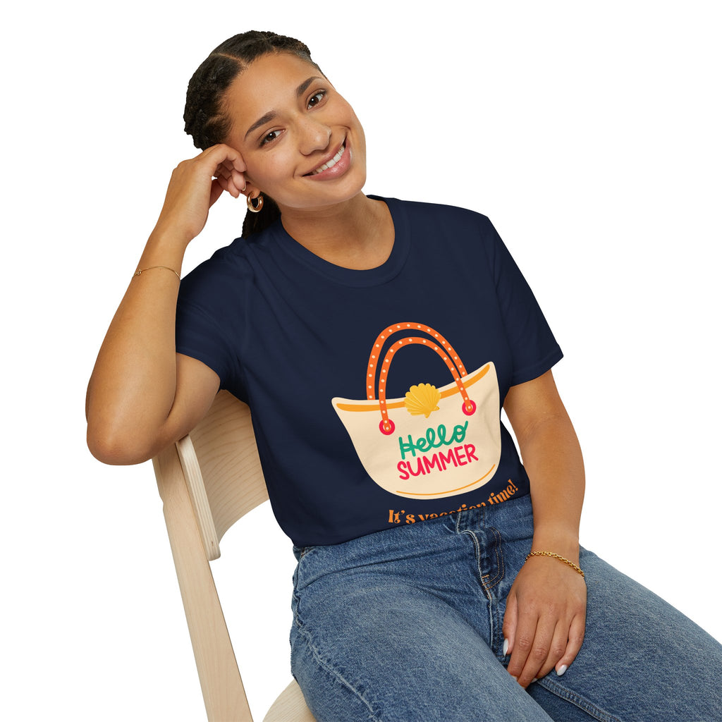 Hello Summer Tote Graphic T-Shirt — "Hello Summer, It’s Vacation Time!"