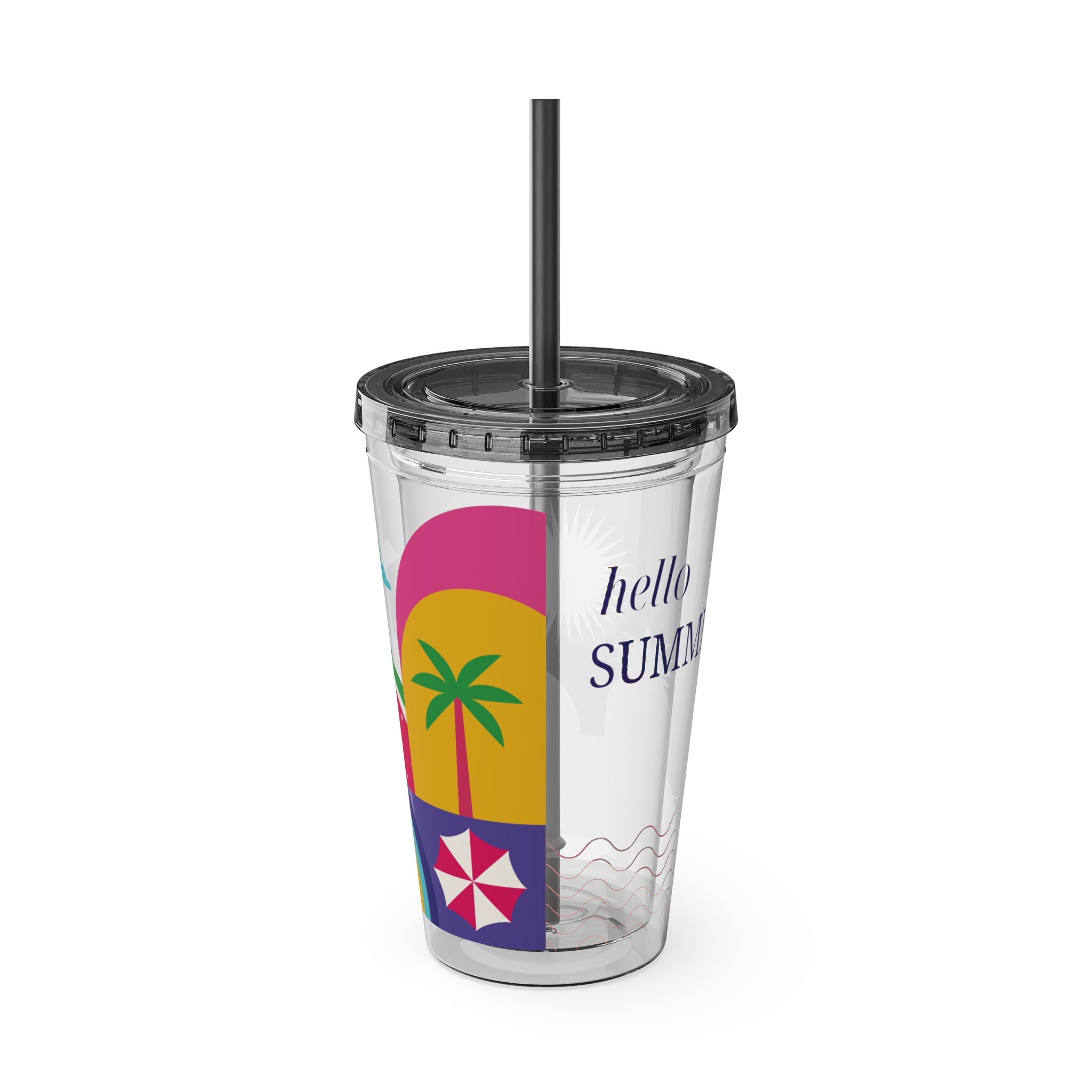 16oz Sunsplash Tumbler with Straw — "Hello Summer" Colorful Beach Vibes