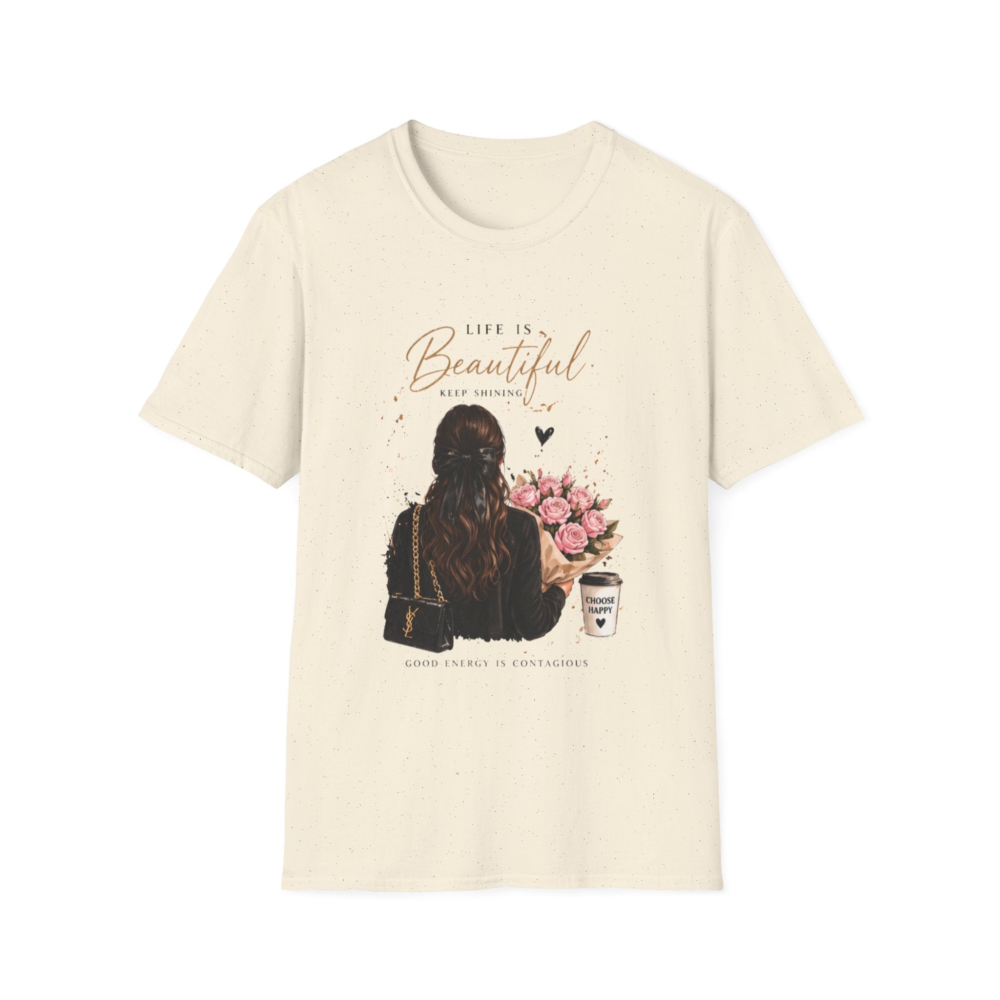 Life Is Beautiful Tee — Woman with Flowers Graphic T-Shirt