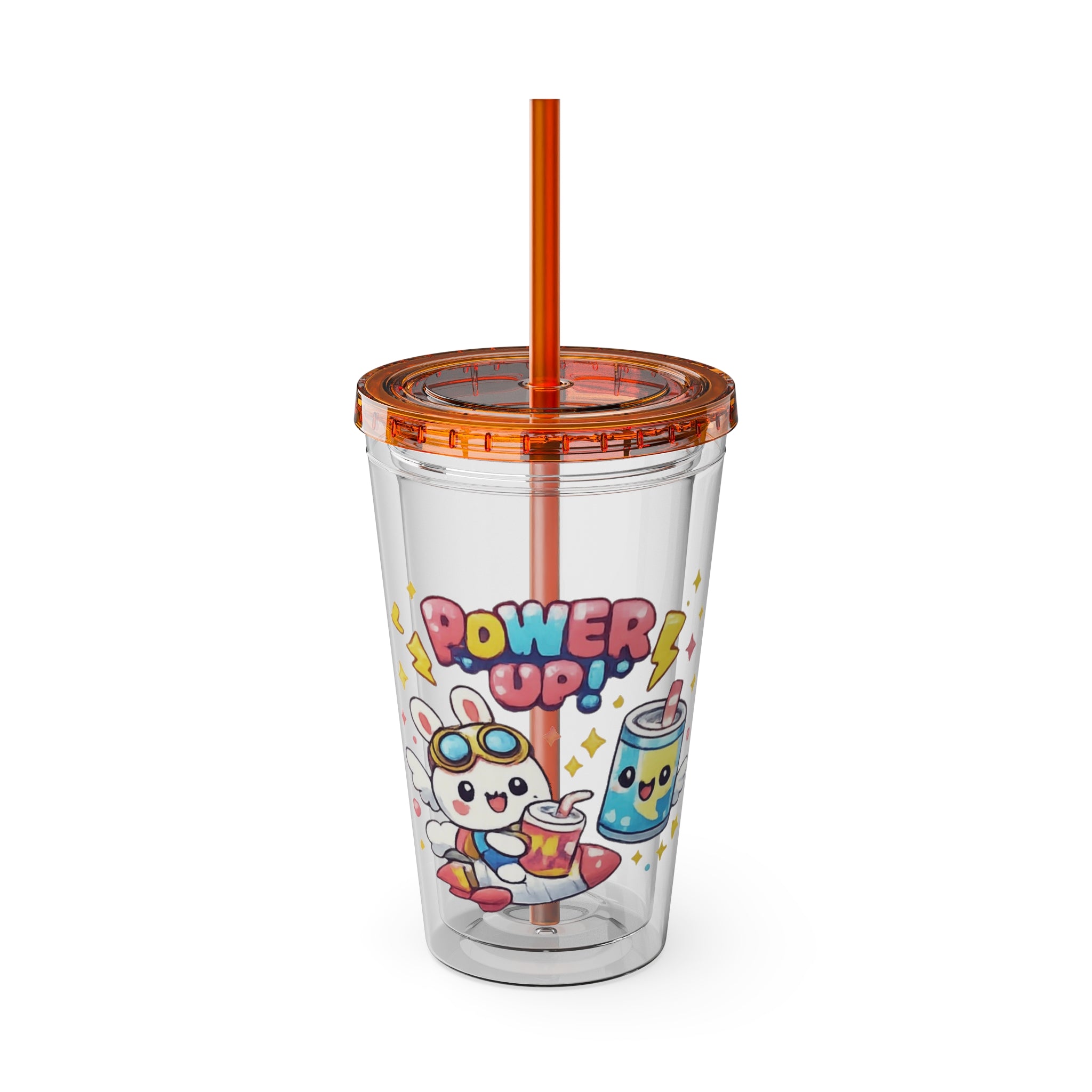 Sunsplash 16oz Tumbler with Straw — Cute "Power Up!" Gamer Character Design