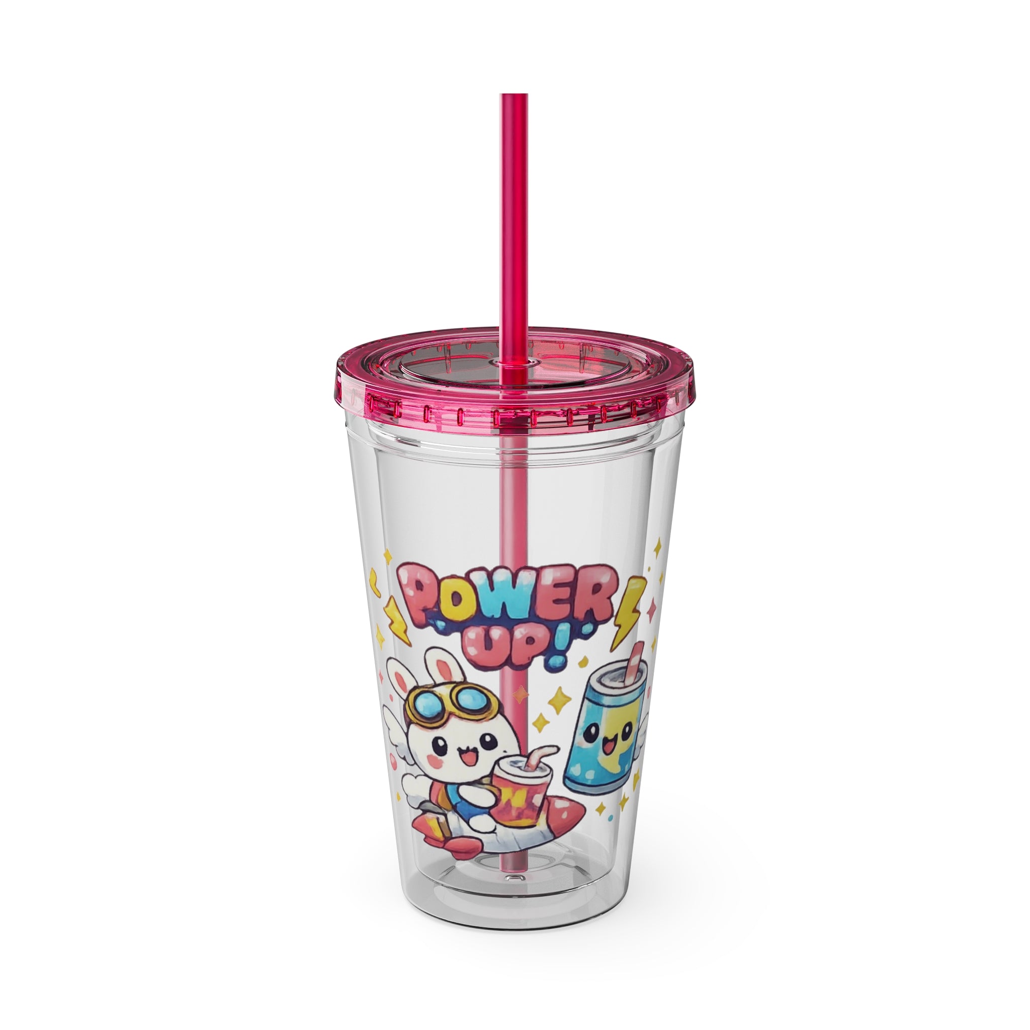 Sunsplash 16oz Tumbler with Straw — Cute "Power Up!" Gamer Character Design