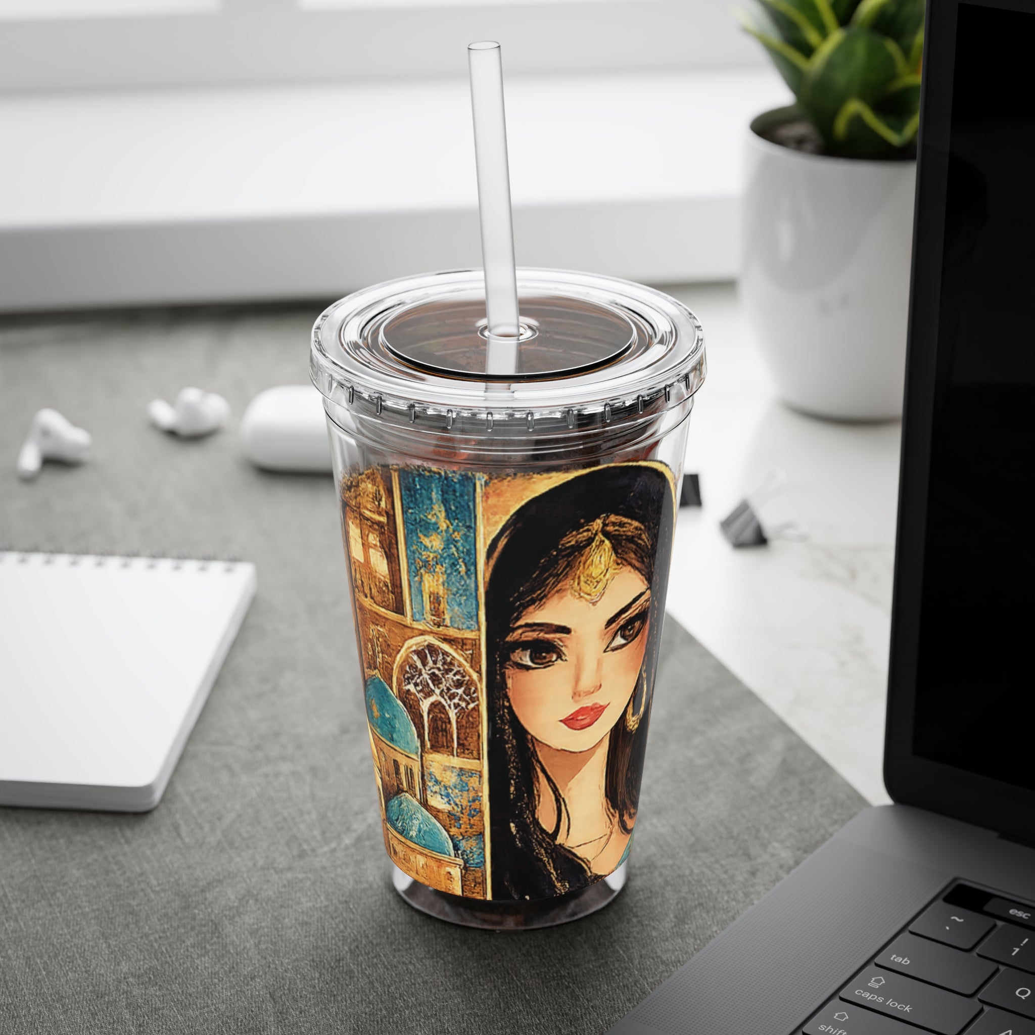 16oz Art Deco Goddess Tumbler with Straw — Middle Eastern Cityscape Design