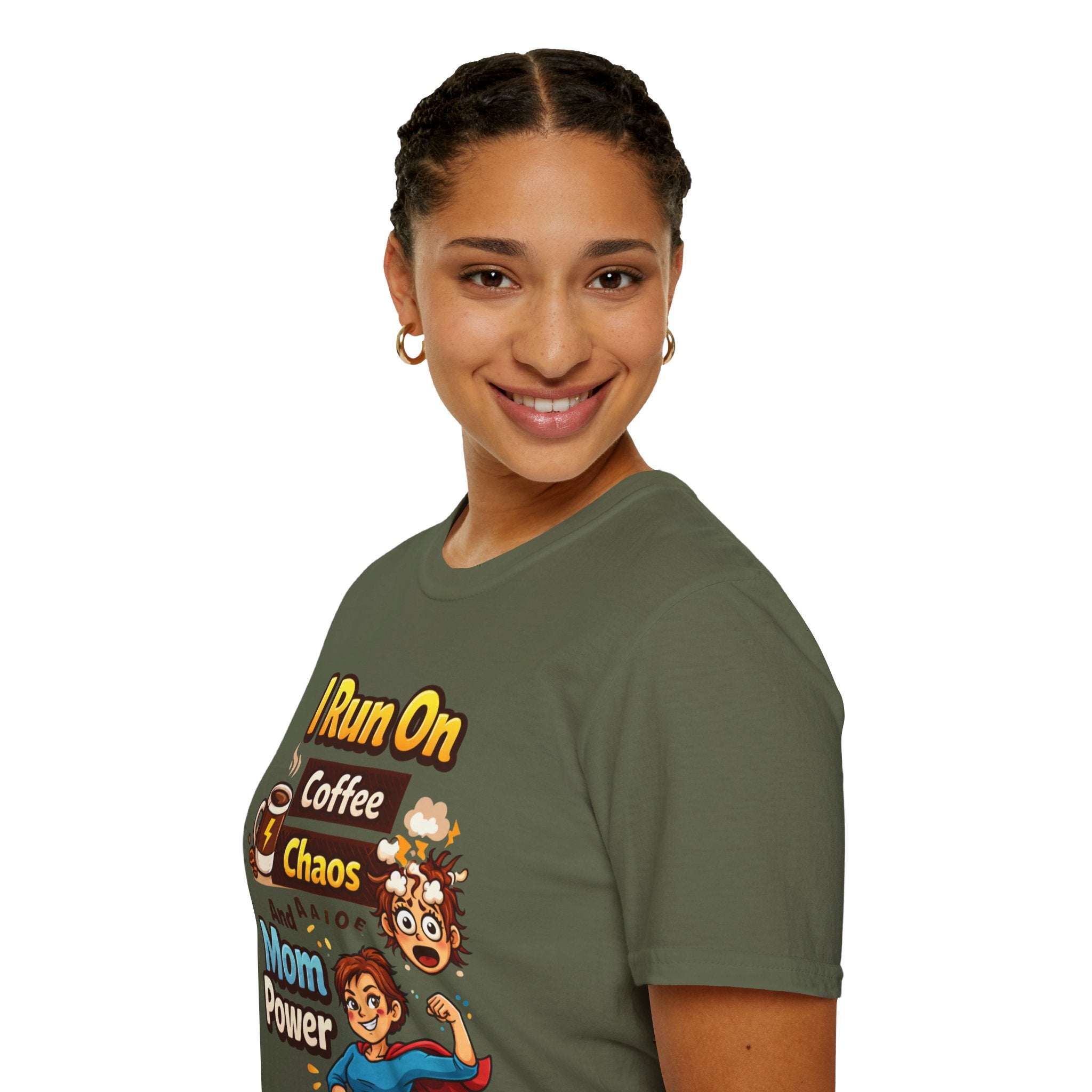 Mom Power T-Shirt — "I Run On Coffee, Chaos and Mom Power" Graphic Tee