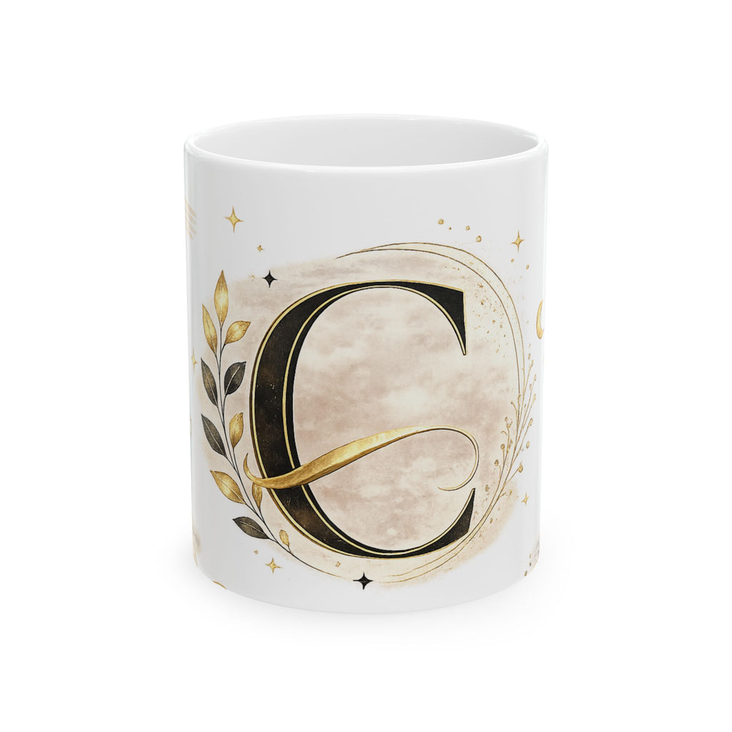 Monogram C Gold Floral Ceramic Mug — Personalized Initial "C" Coffee Cup