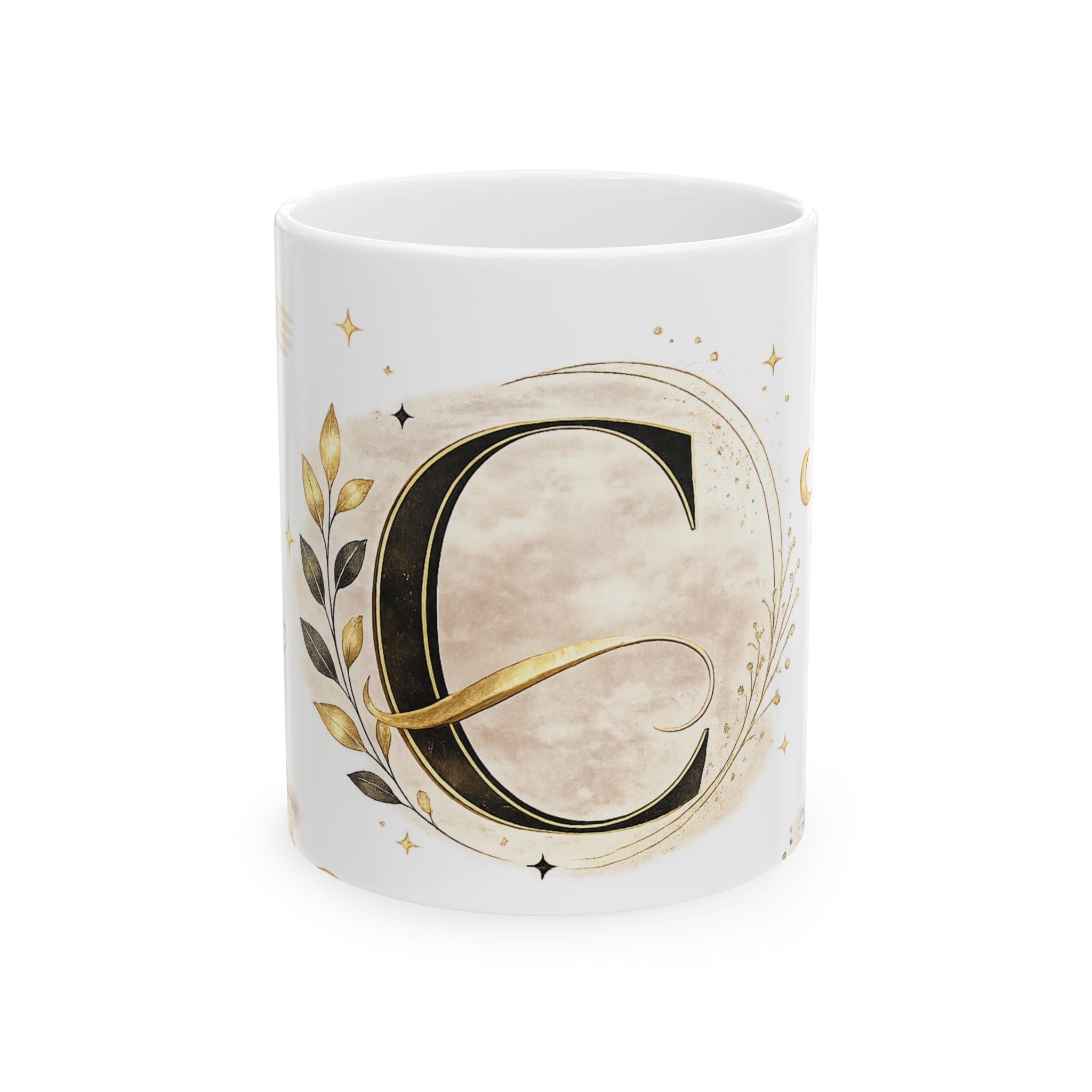 Monogram C Gold Floral Ceramic Mug — Personalized Initial "C" Coffee Cup