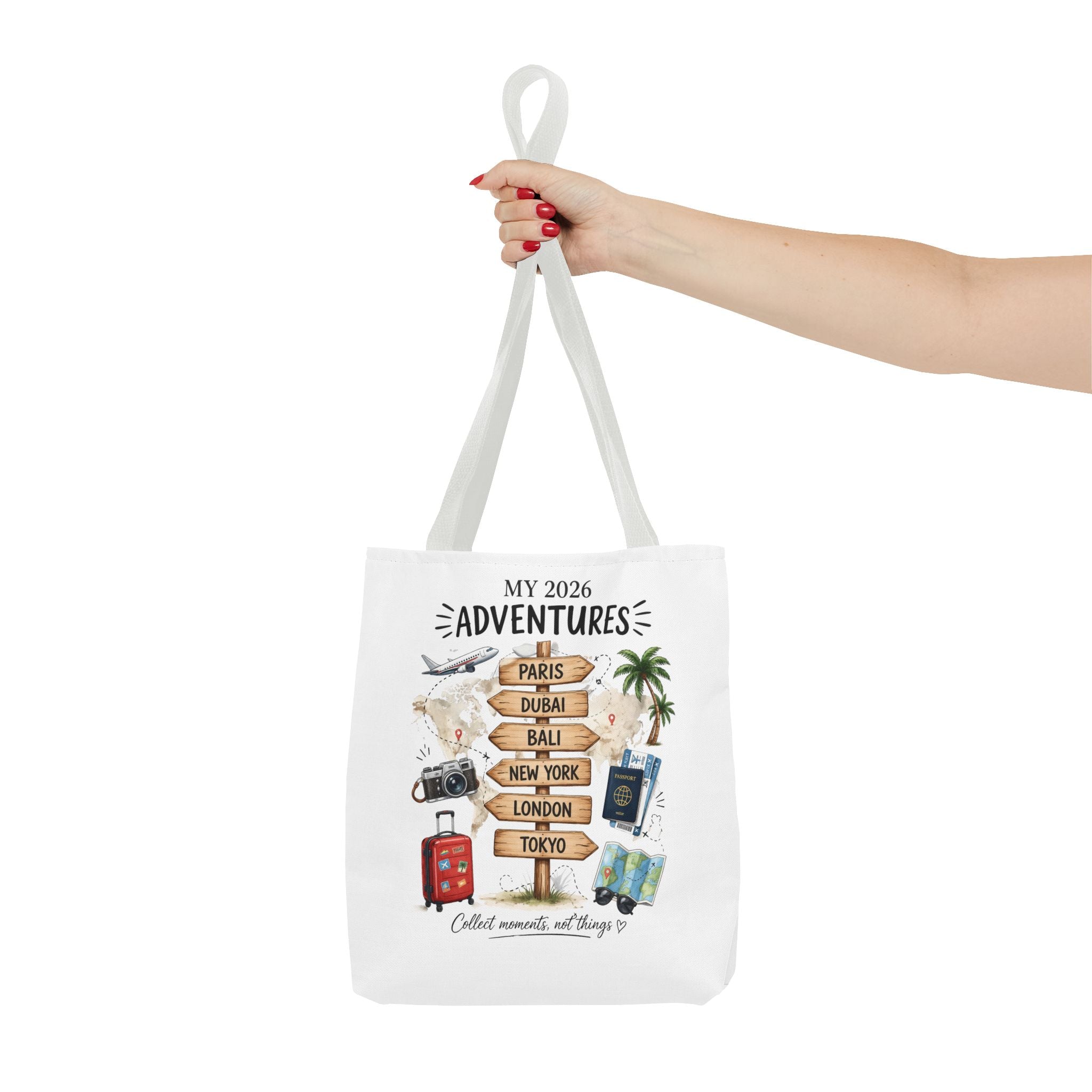 2026 Travel Adventures Tote Bag — 'My 2026 Adventures' World Cities Signpost Design