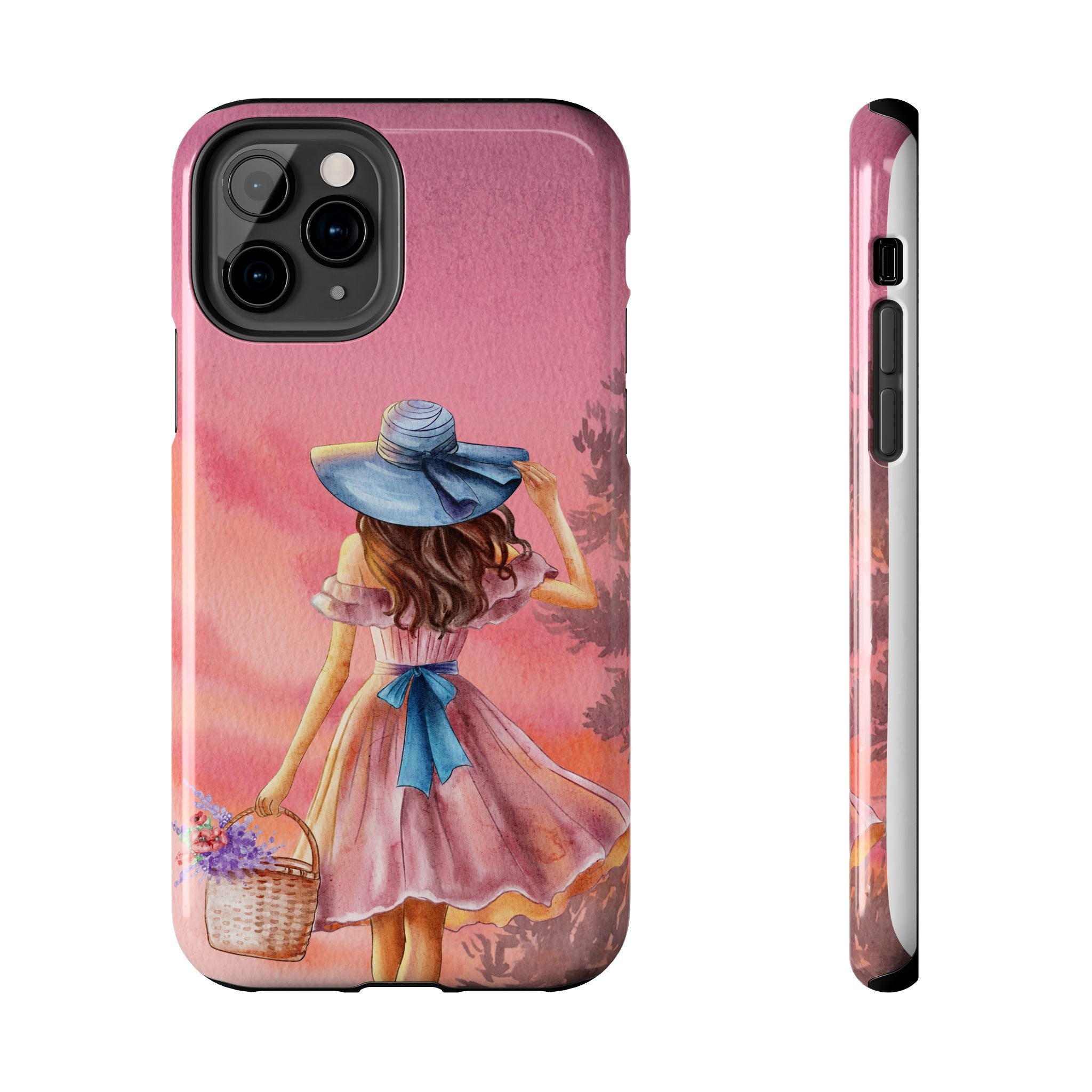 Pastel Picnic Girl Phone Case — Protective Tough Phone Case with Watercolor Sunset Design