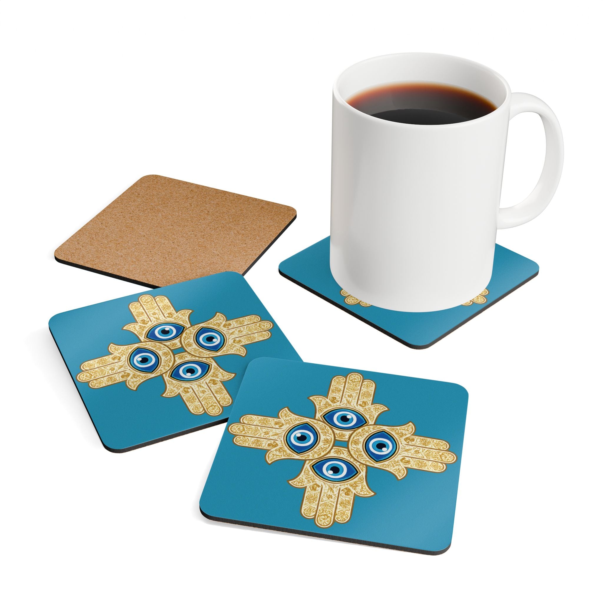 Evil Eye Mandala Cork Coaster Set – Protective Blue Hamsa Drink Coasters (4-Pack)