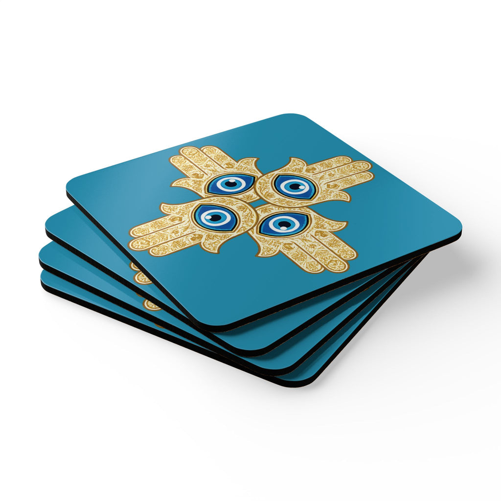 Evil Eye Mandala Cork Coaster Set – Protective Blue Hamsa Drink Coasters (4-Pack)