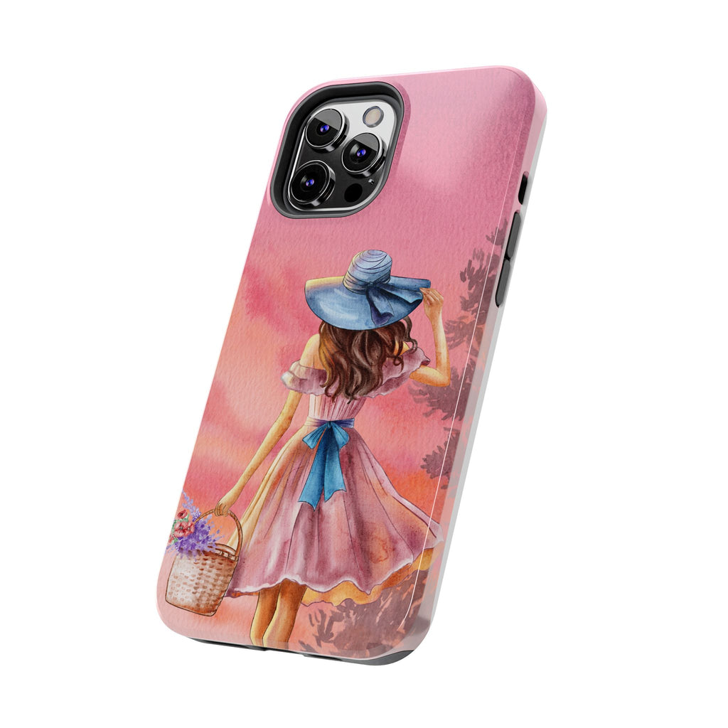 Pastel Picnic Girl Phone Case — Protective Tough Phone Case with Watercolor Sunset Design