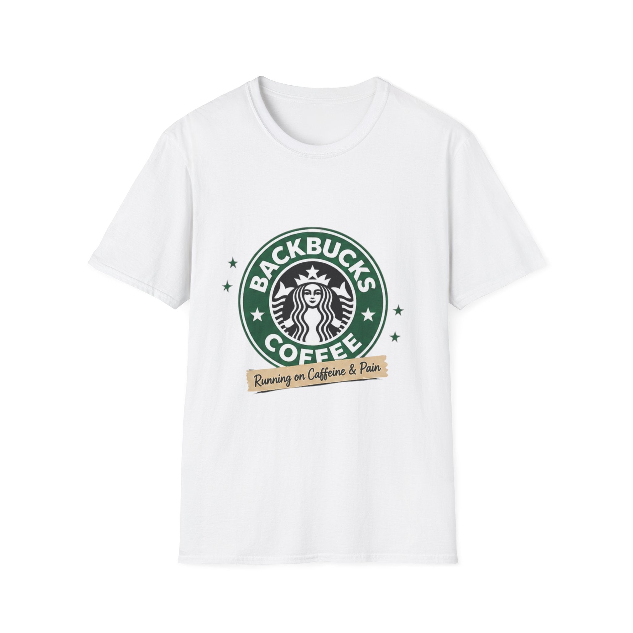 Backbucks Coffee T-Shirt — "Running on Caffeine & Pain" Vintage Logo Tee