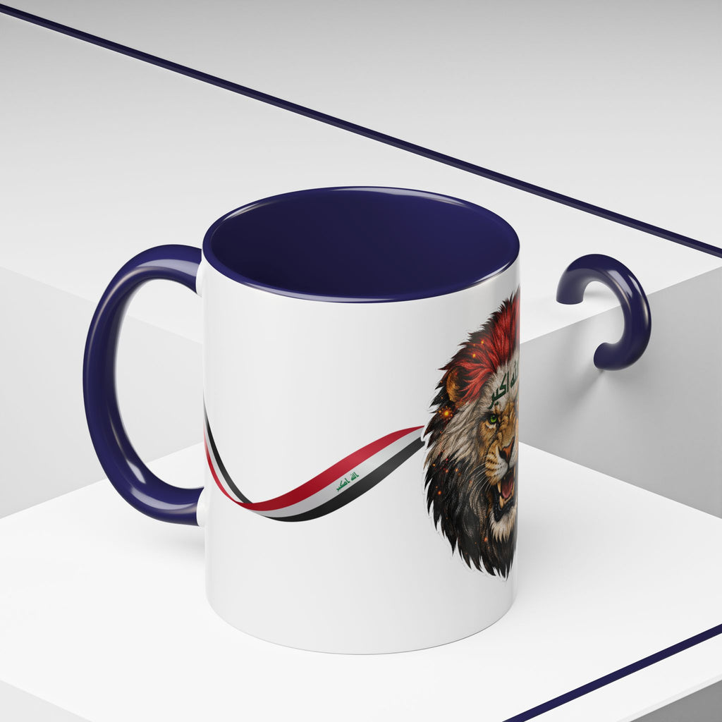 Iraq Lion Head Accent Coffee Mug with Arabic Script and Flag Ribbon – Patriotic Iraq Gift (11/15oz)