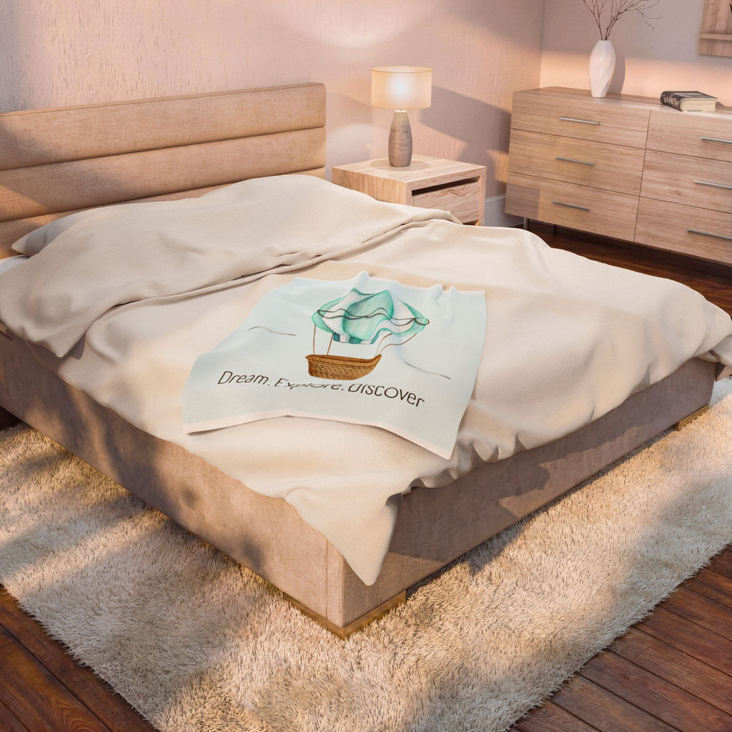 Velveteen Blanket — Dream. Explore. Discover Hot Air Balloon Plush Throw