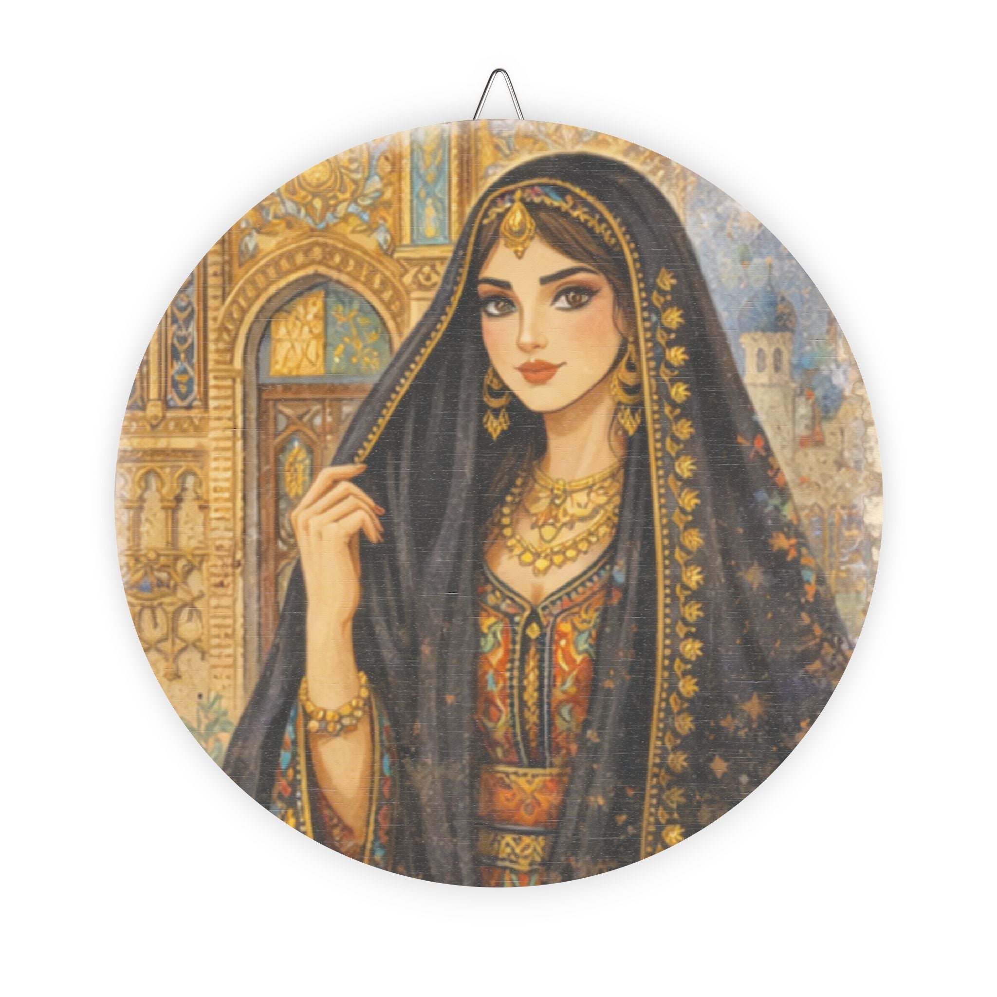 Middle Eastern Princess Round Wood Sign — Vintage Arabian Art Wall Decor