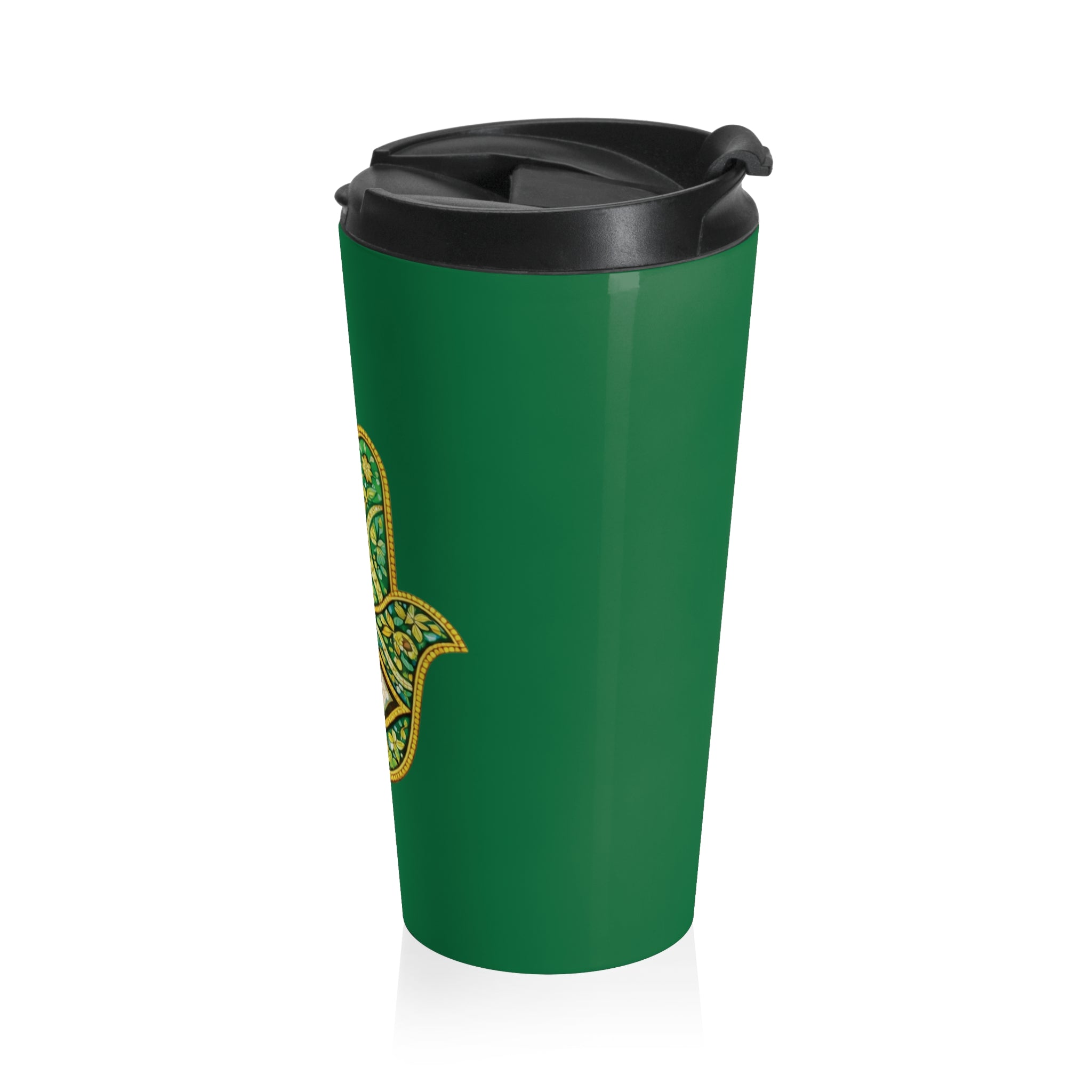 Hamsa Hand Stainless Steel Travel Mug — Green Spiritual Tumbler with Protective Eye