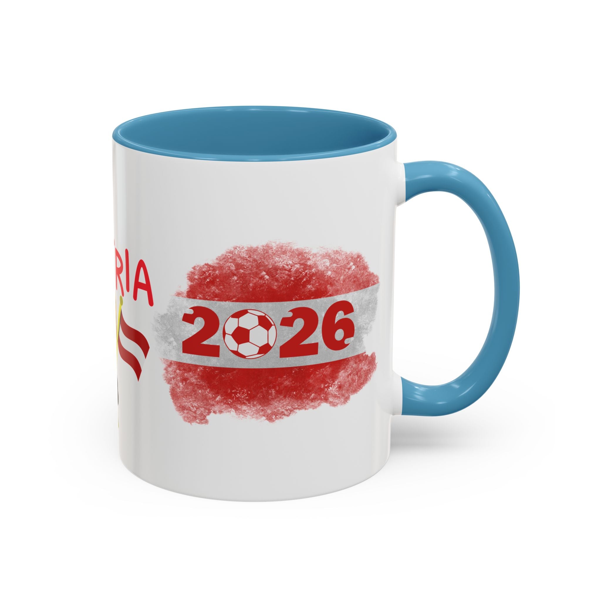 Austria 2026 Soccer Cup Accent Coffee Mug — Red Flag & Trophy Design (11/15oz)
