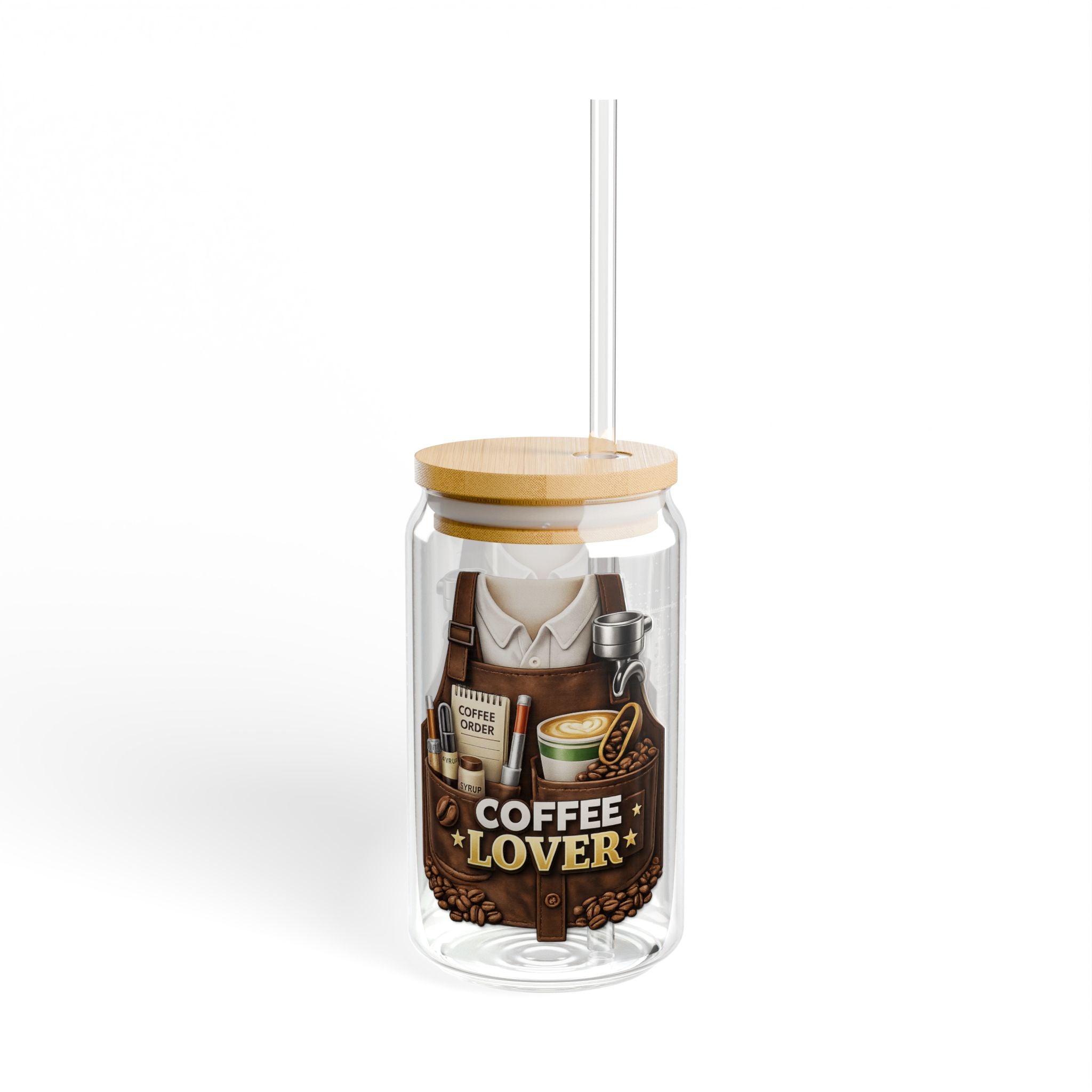 Coffee Lover Sipper Glass with Bamboo Lid & Straw