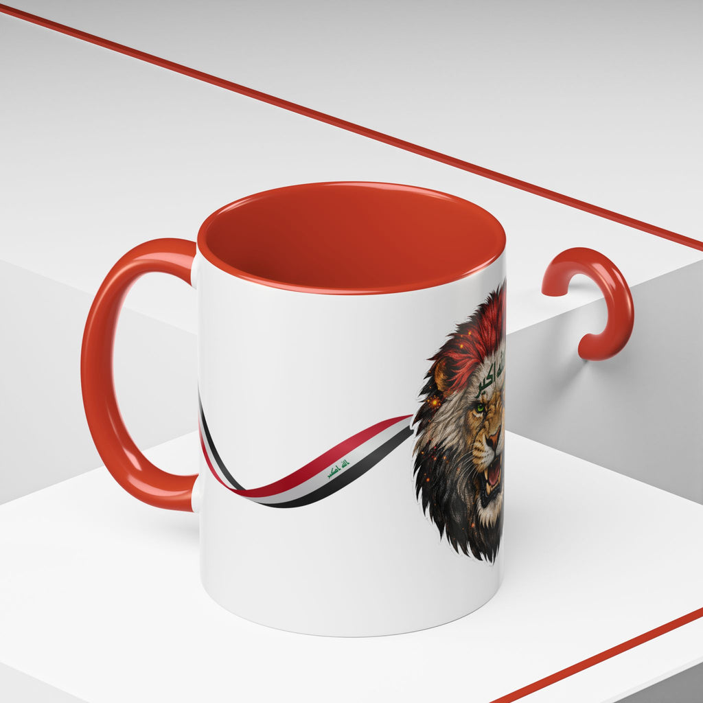 Iraq Lion Head Accent Coffee Mug with Arabic Script and Flag Ribbon – Patriotic Iraq Gift (11/15oz)