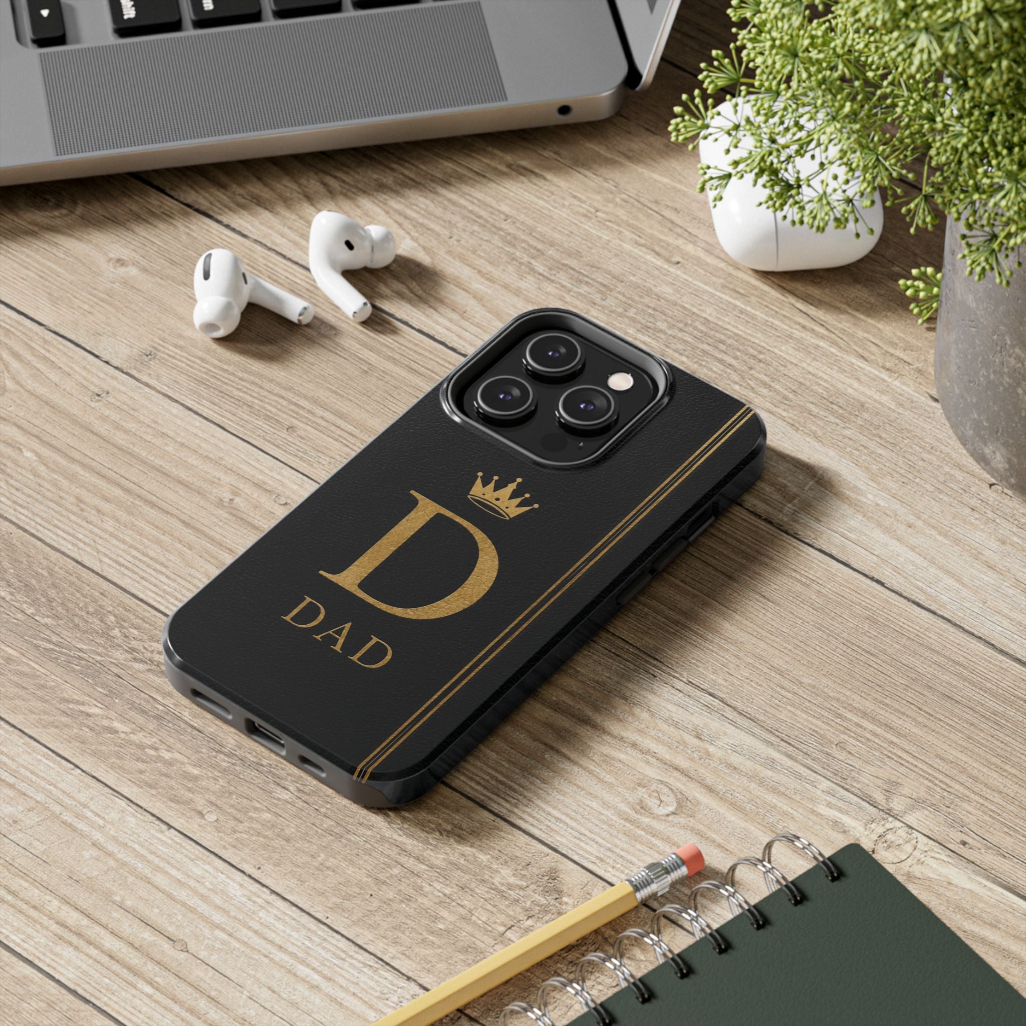 Dad Monogram Tough Phone Case — Black Gold Crown Initial