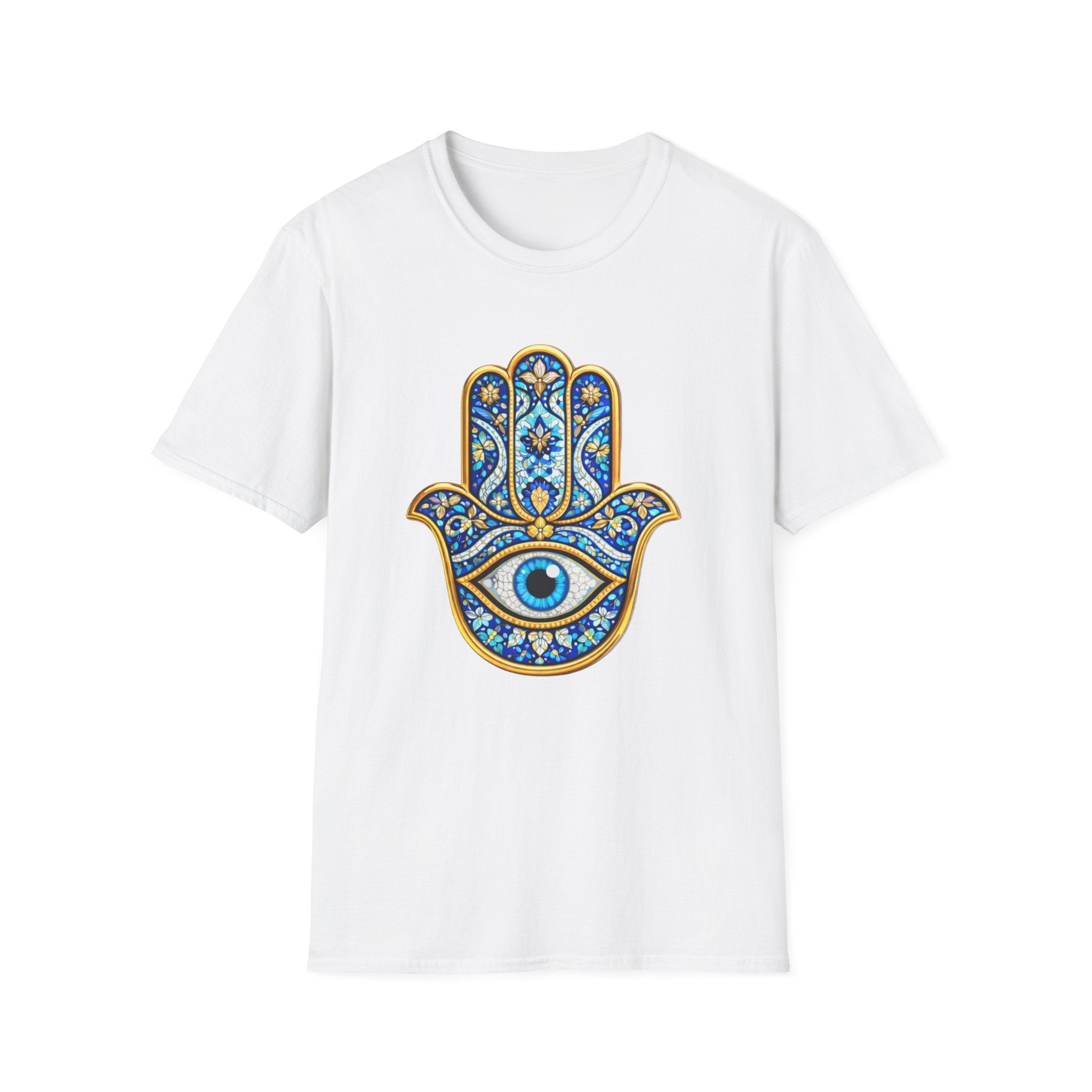 Hamsa Hand T-Shirt with Evil Eye – Blue Mosaic Protection Tee