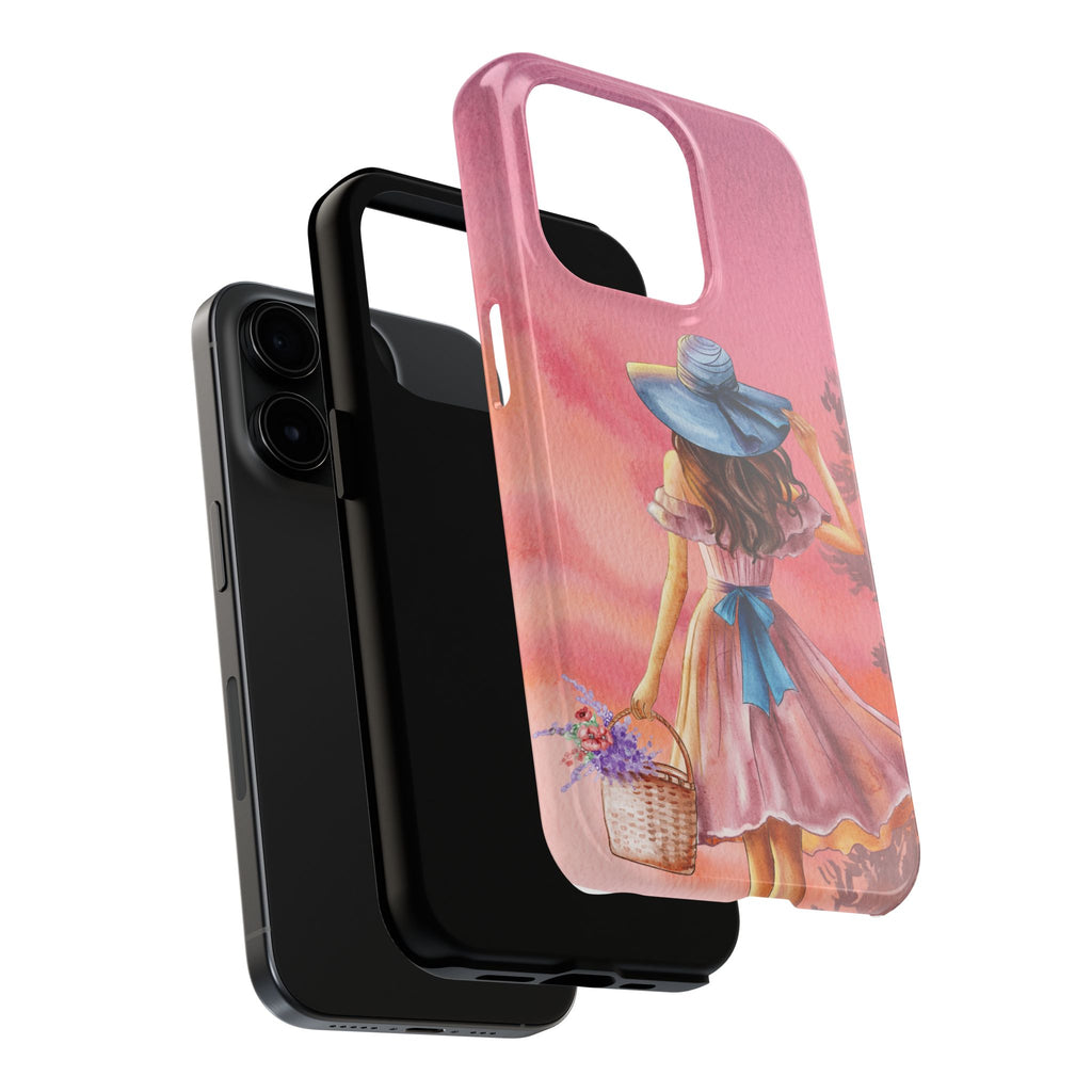 Pastel Picnic Girl Phone Case — Protective Tough Phone Case with Watercolor Sunset Design