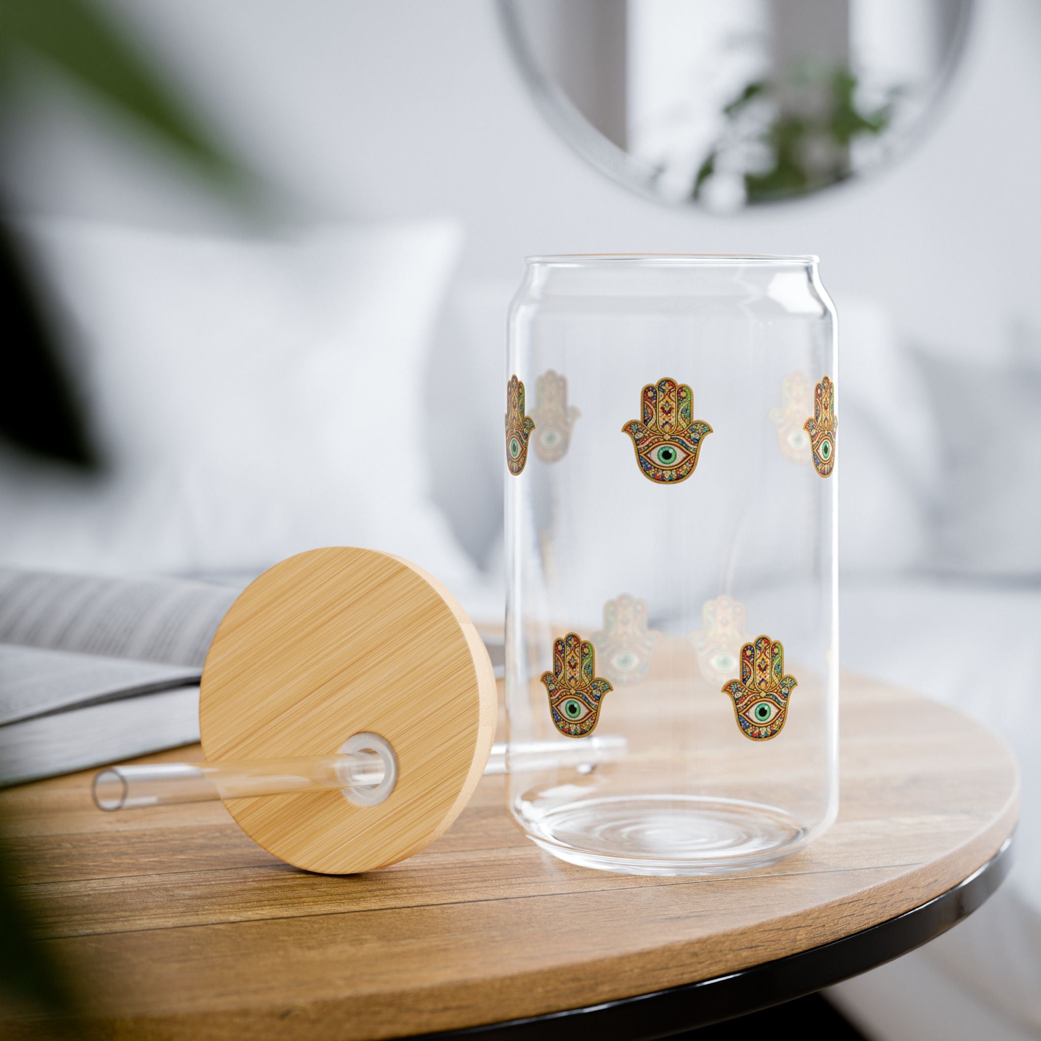 Hamsa Glass Sipper Cup - 16oz Bamboo Lid & Straw, Protective Hand Pattern Drinkware