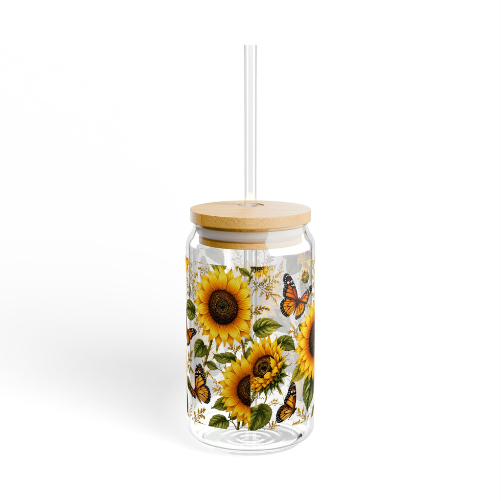 Sunflower & Butterfly Sipper Glass — 16oz Reusable Straw Tumbler