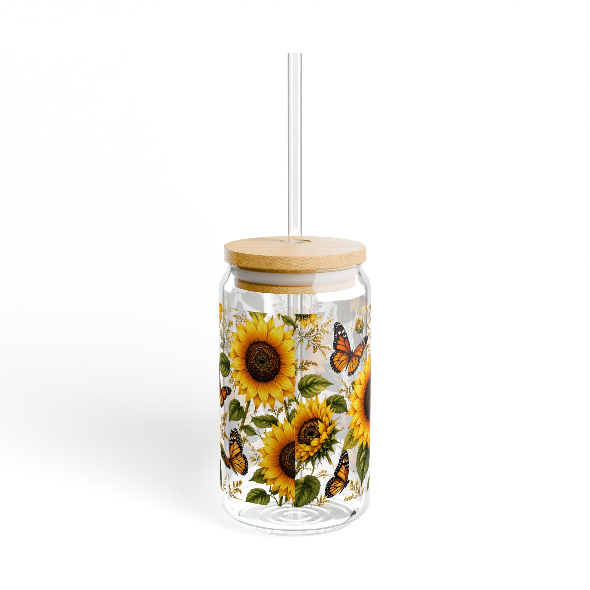 Sunflower & Butterfly Sipper Glass — 16oz Reusable Straw Tumbler