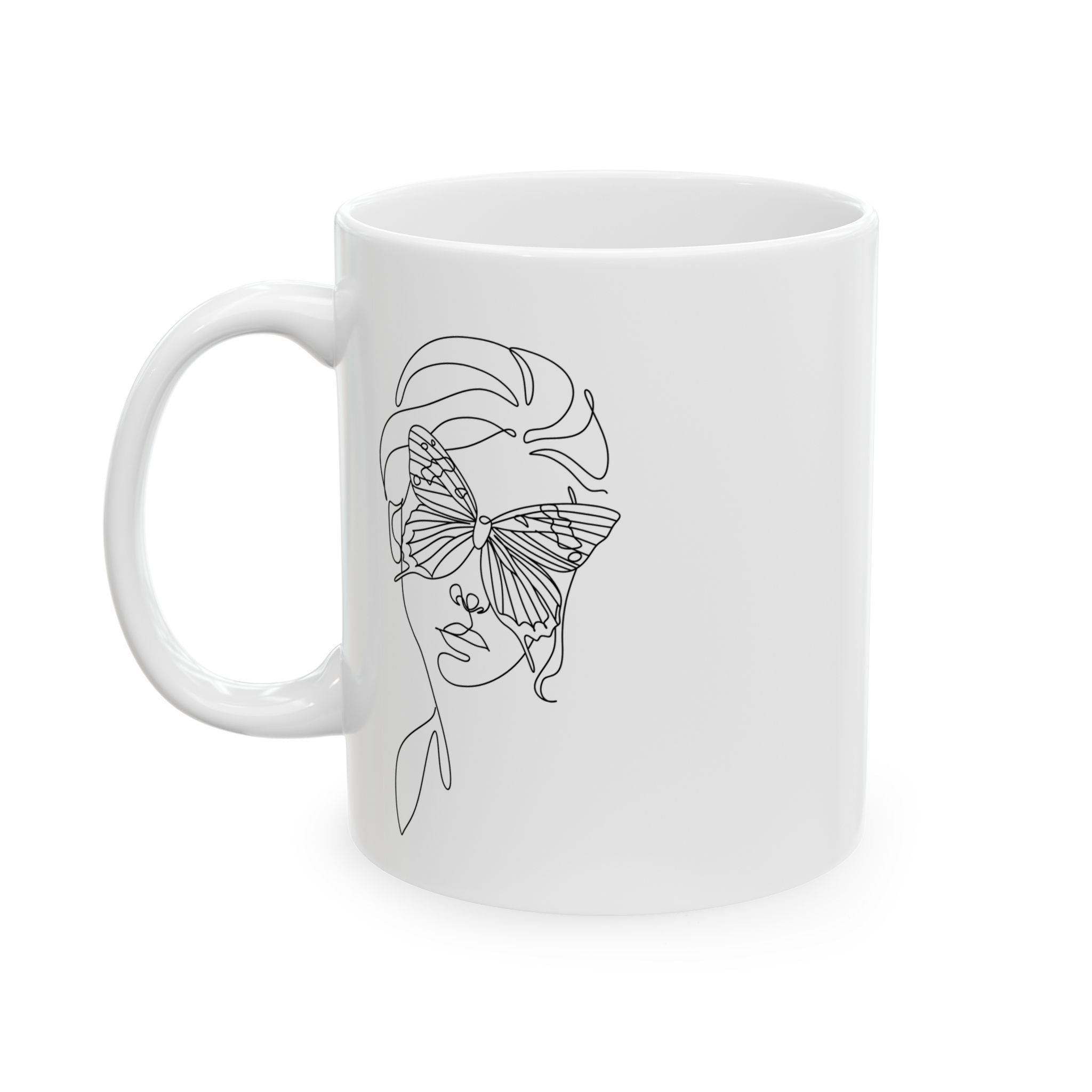 Butterfly Face Ceramic Mug (11oz/15oz) – Feminine Line Art Coffee Cup