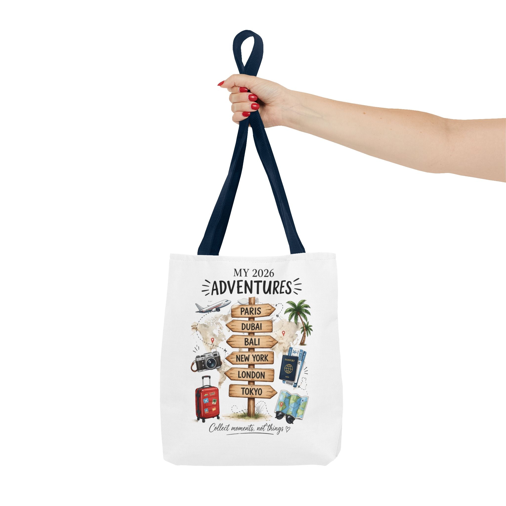 2026 Travel Adventures Tote Bag — 'My 2026 Adventures' World Cities Signpost Design