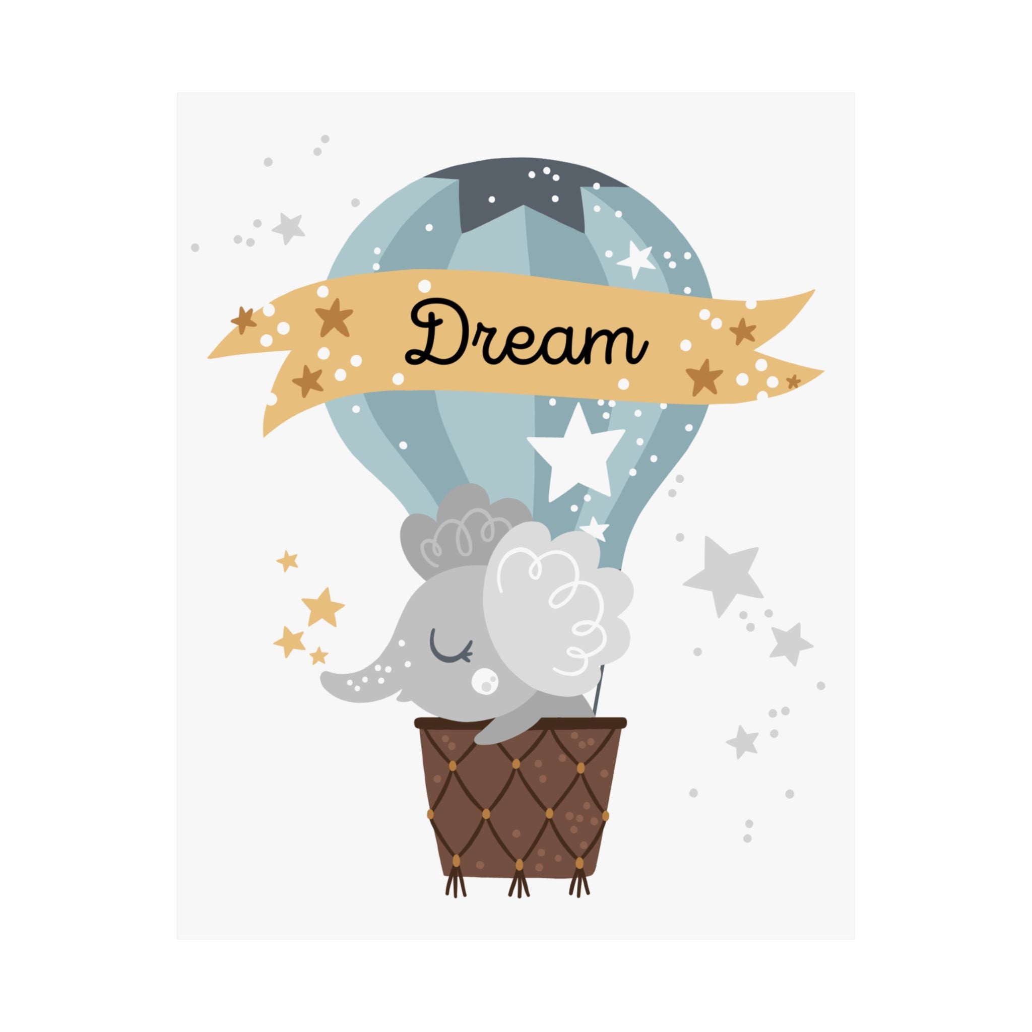 Dream Hot Air Balloon Elephant Poster — Nursery Matte Vertical Wall Art